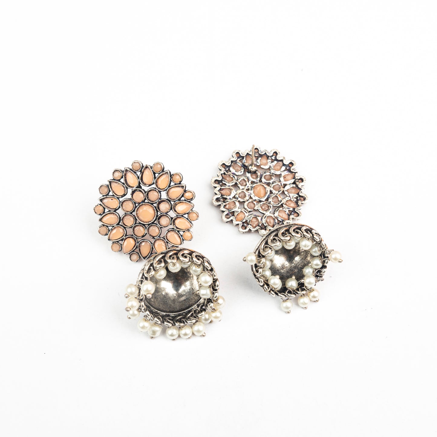 Floral carves stone studded jhumki earrings (Light Orange)
