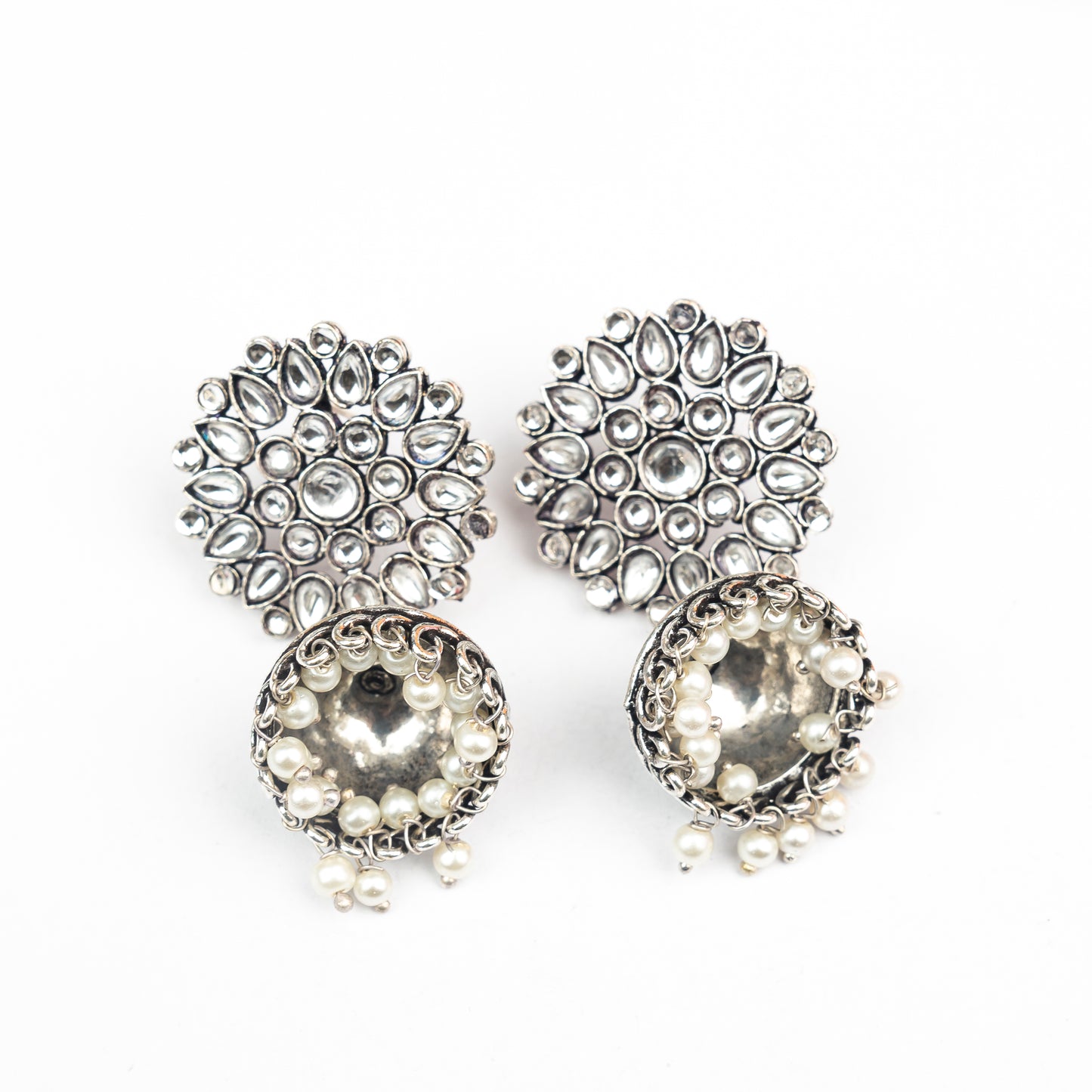 Floral carves stone studded jhumki earrings (White)