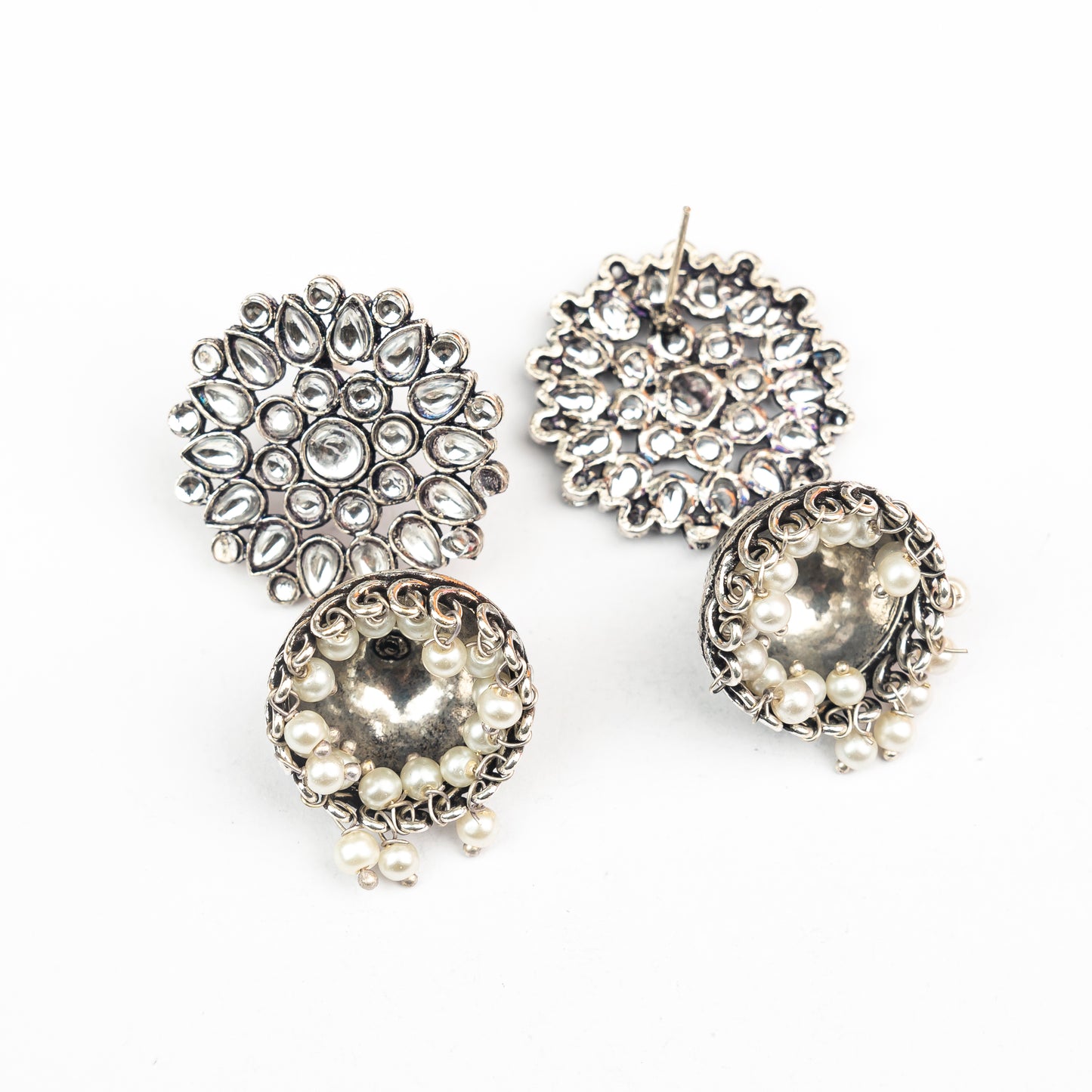 Floral carves stone studded jhumki earrings (White)