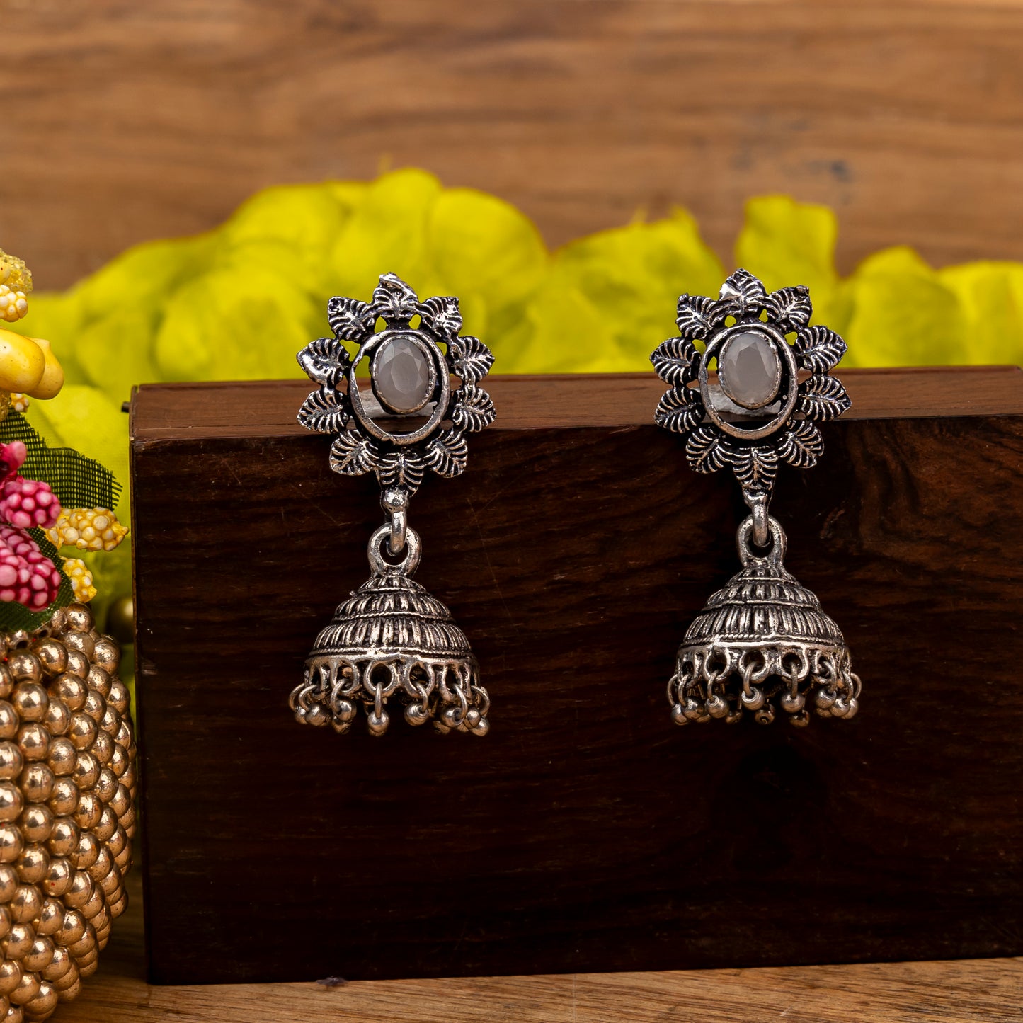 floral charm traditional jhumka earrings (Grey)