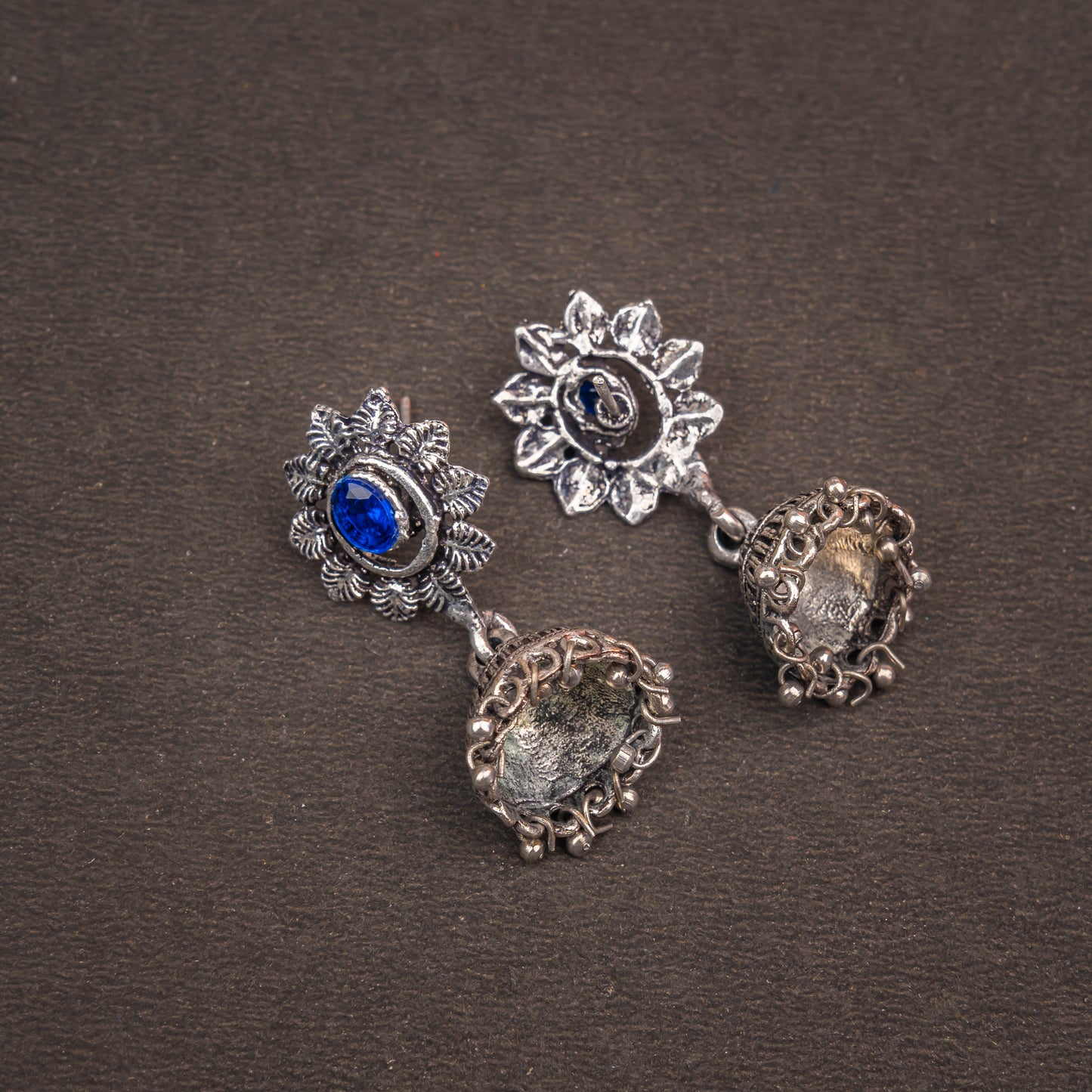 Blue Stone Studded Oxidised Dangler Earrings