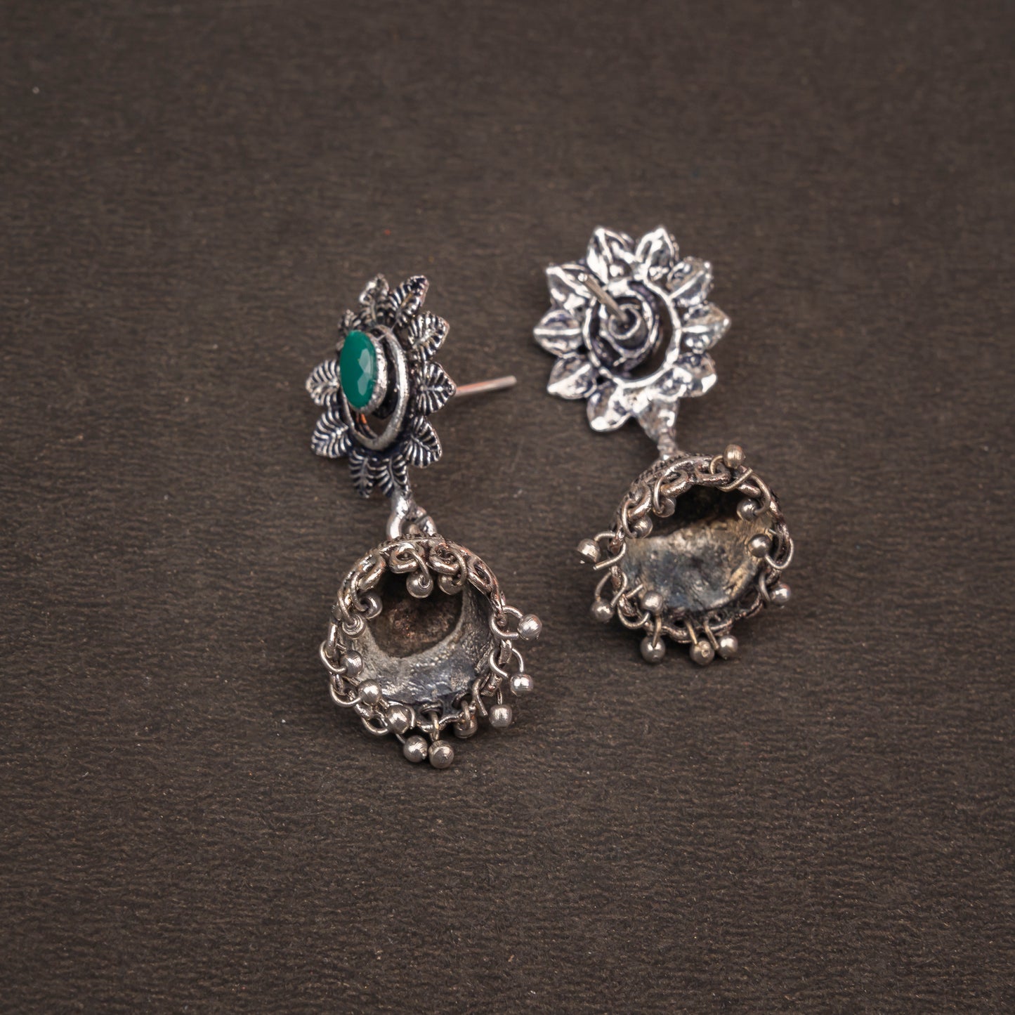 Green Stone Studded Oxidised Dangler Earrings