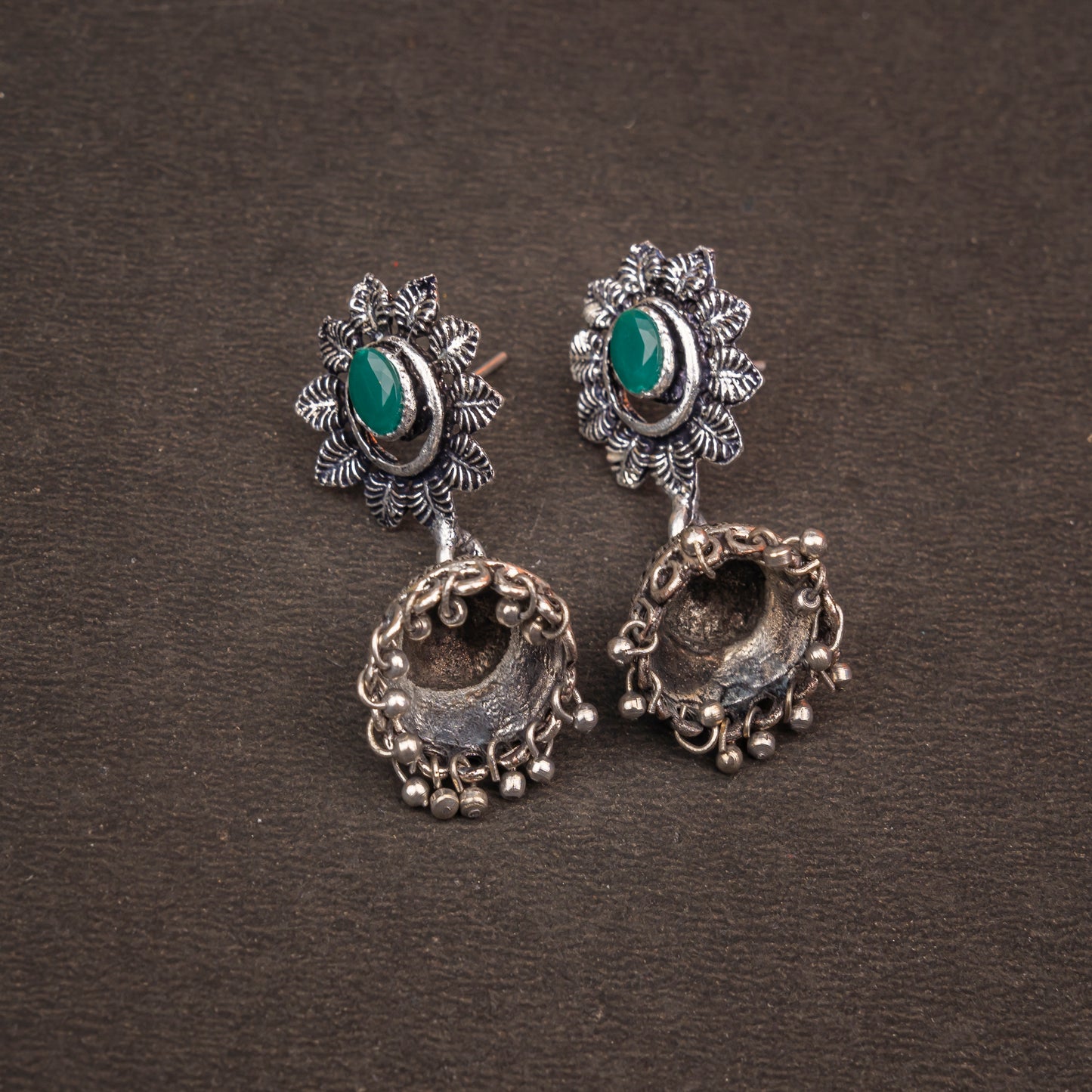 Green Stone Studded Oxidised Dangler Earrings