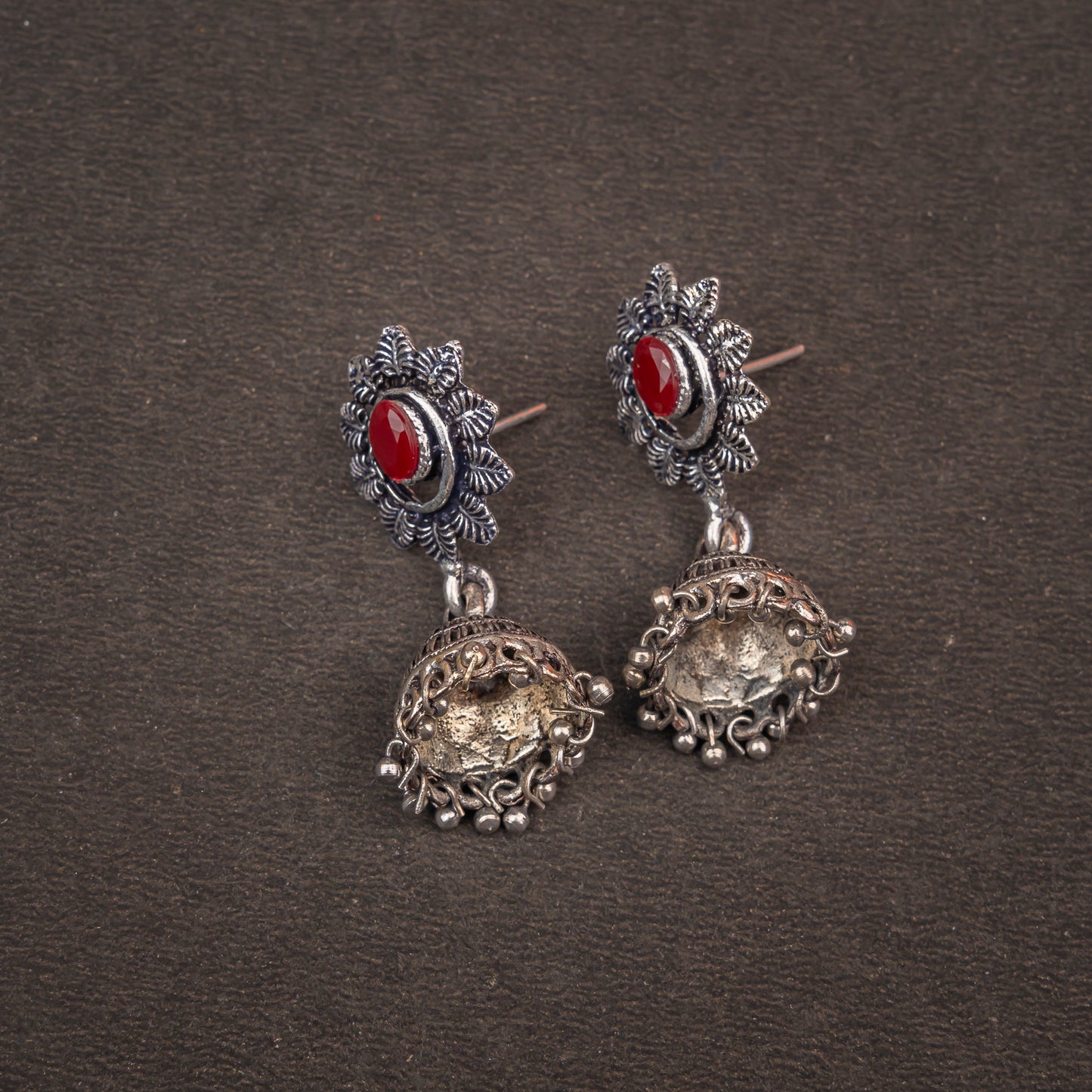 Dark Maroon Stone Studded Oxidised Dangler Earrings
