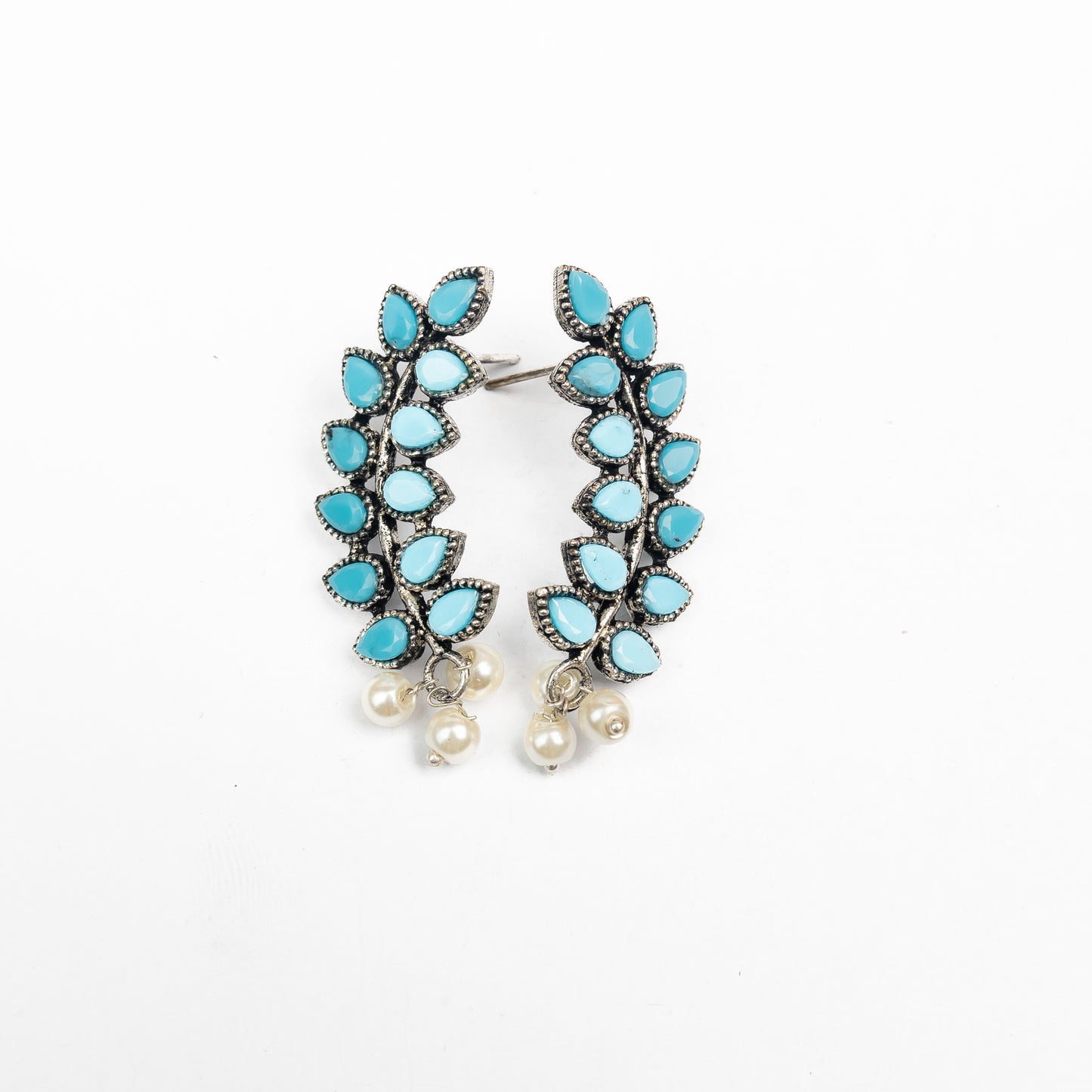 Sky Blue Stone Studded Leaves Shaped Earrings