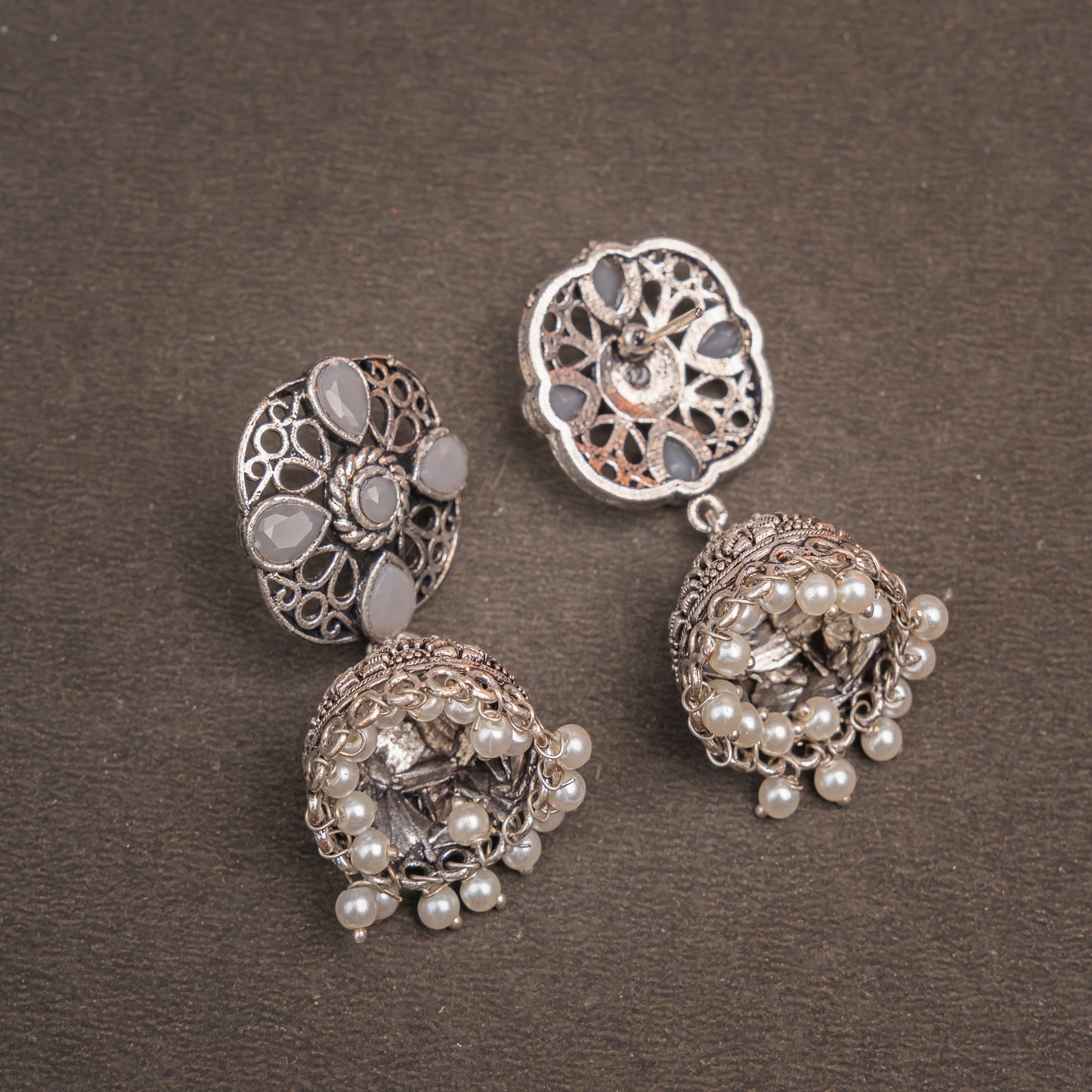 Grey Stone Studded Statement Earrings With Hanging Jhumka Embellished With Baby Pearls