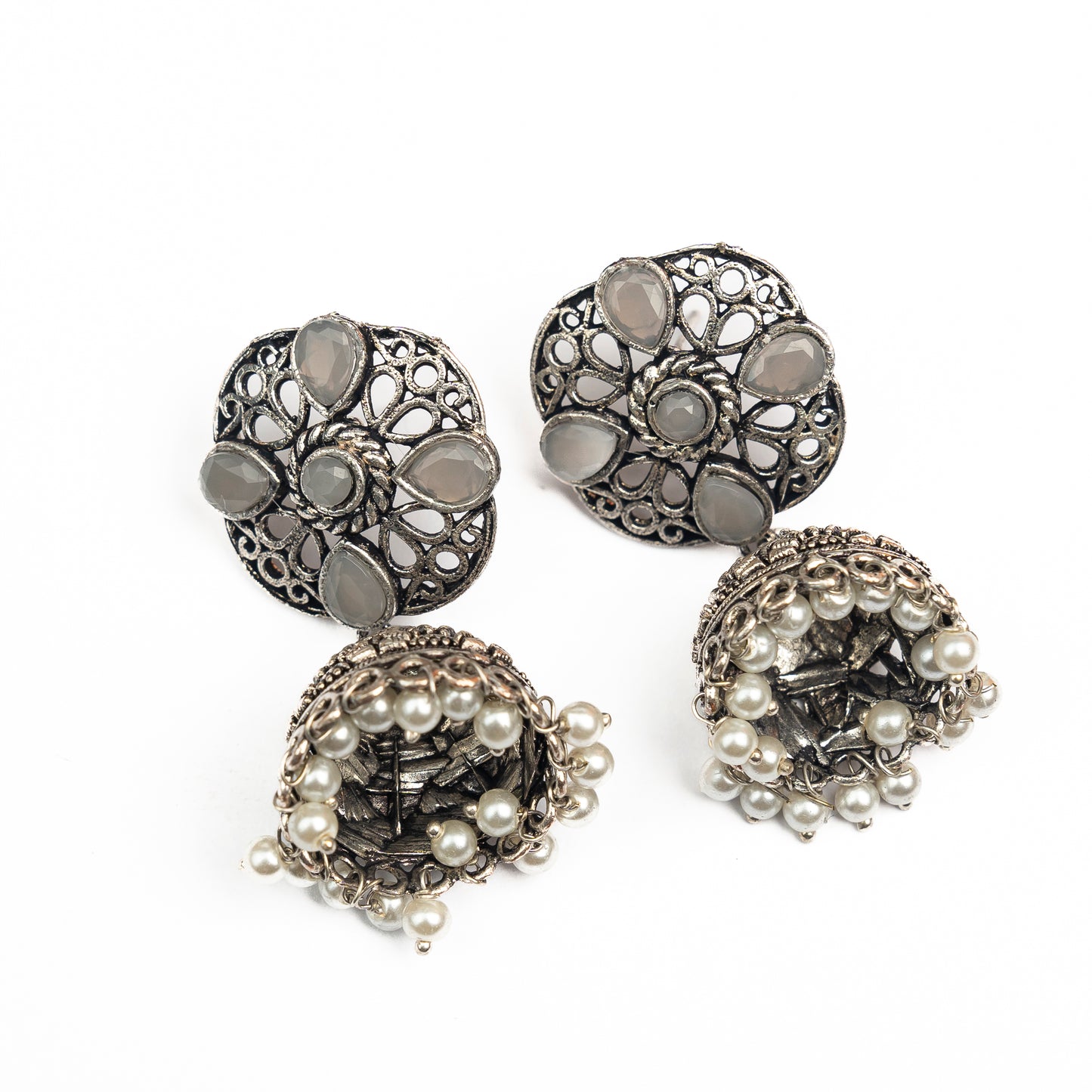 Grey Stone Studded Statement Earrings With Hanging Jhumka Embellished With Baby Pearls