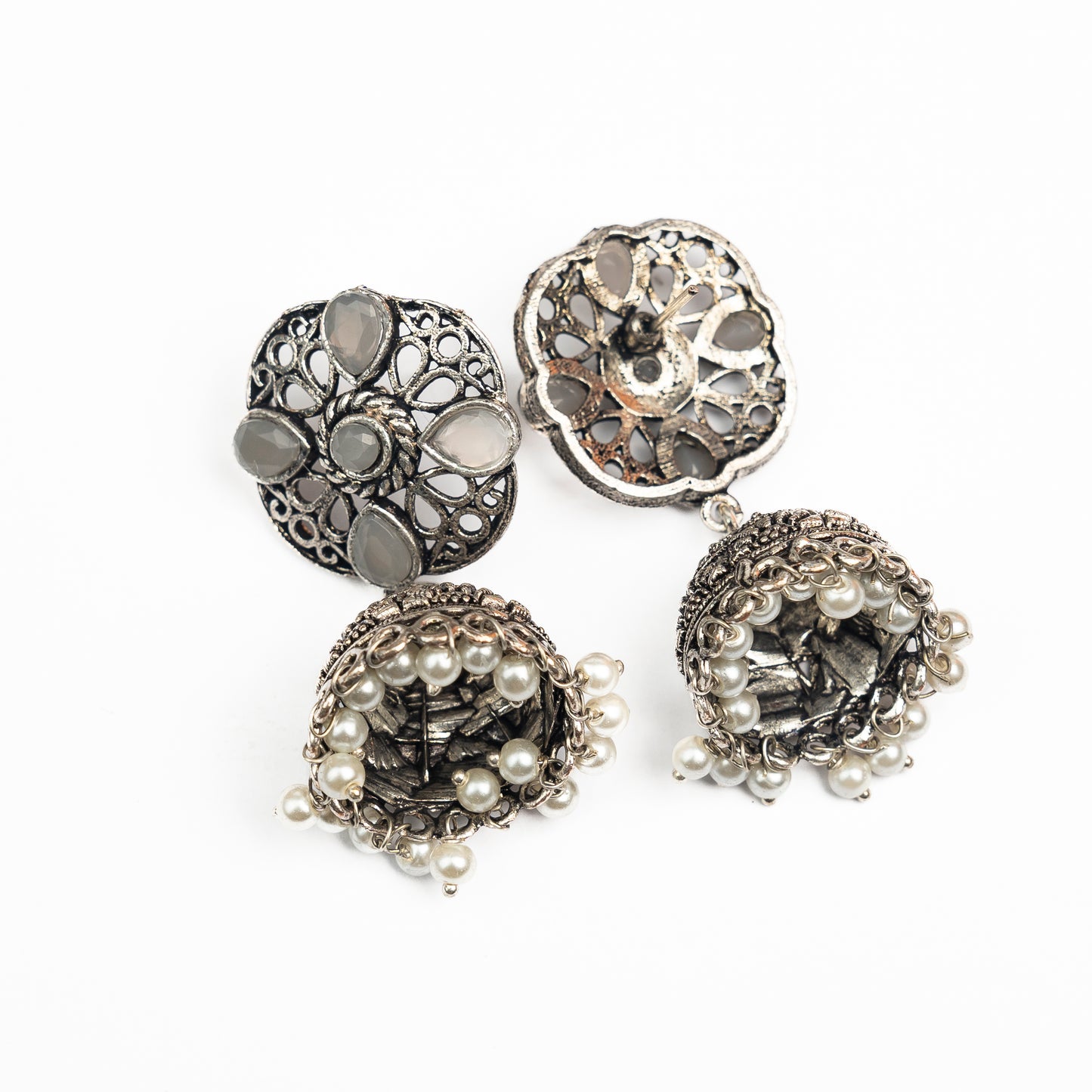 Grey Stone Studded Statement Earrings With Hanging Jhumka Embellished With Baby Pearls