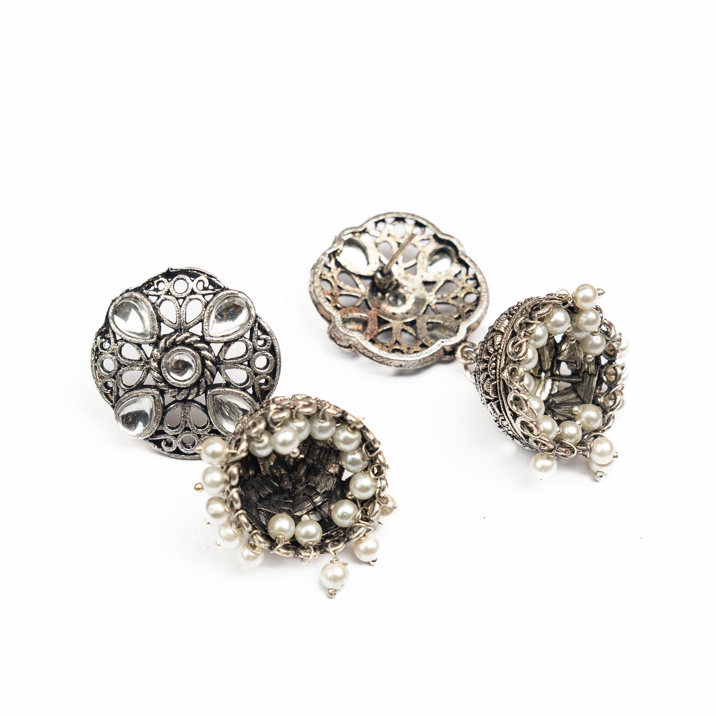 White Stone Studded Statement Earrings With Hanging Jhumka Embellished With Baby Pearls