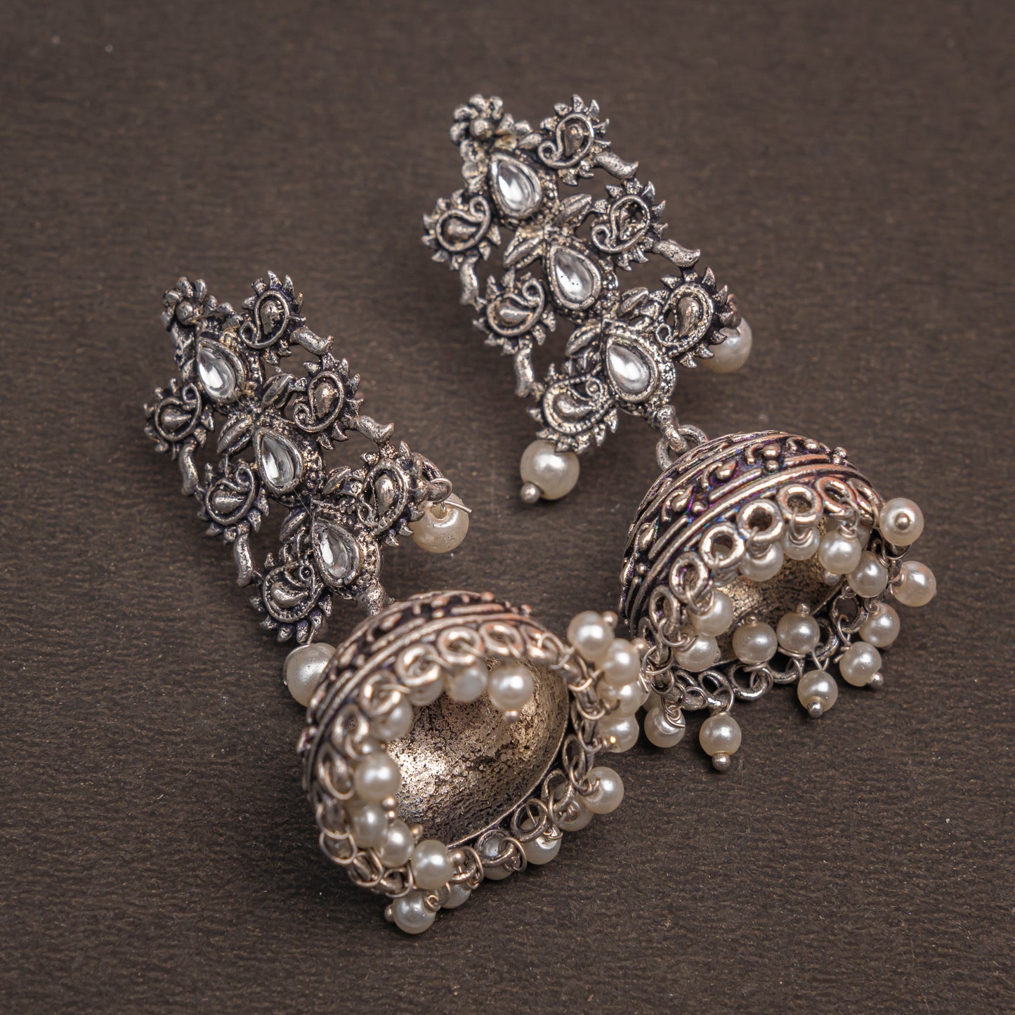White Stone Studded Statement German Silver Danglers With Brass Jhumki