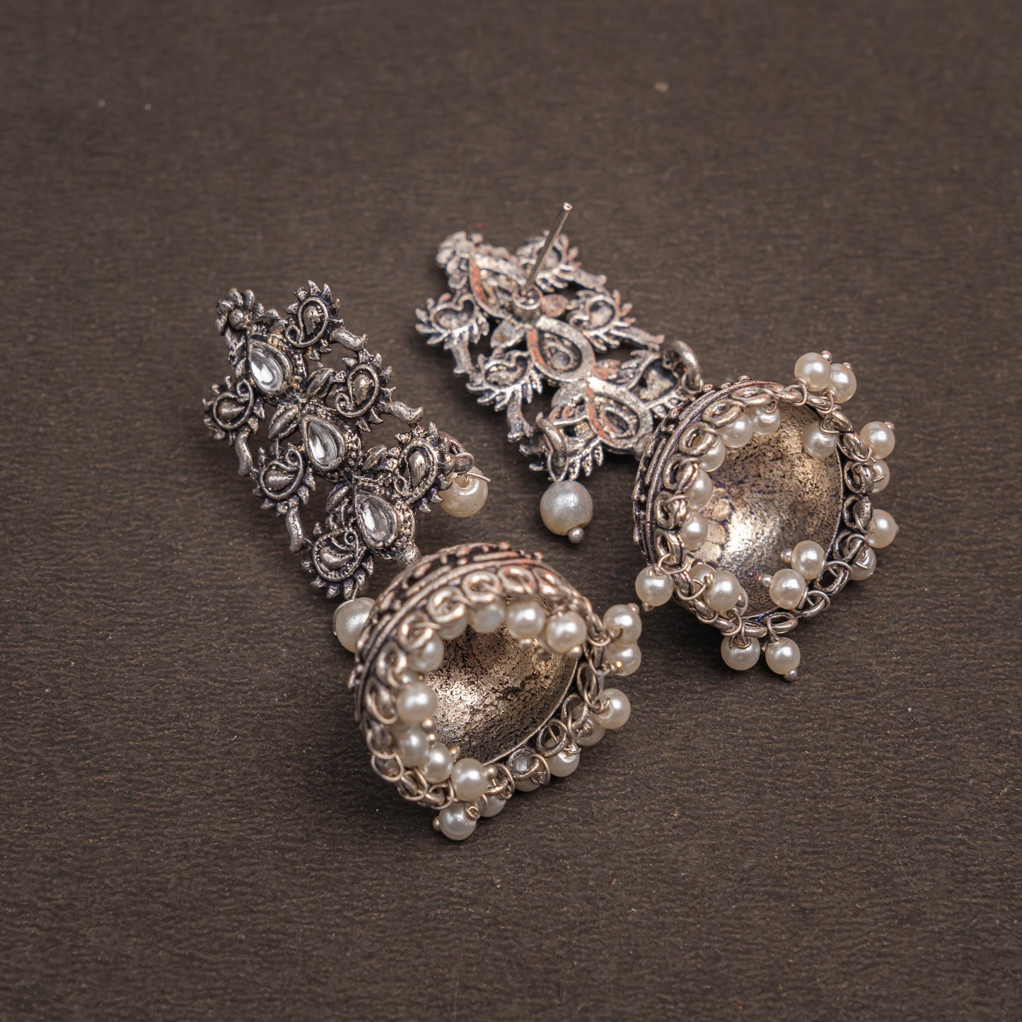 White Stone Studded Statement German Silver Danglers With Brass Jhumki
