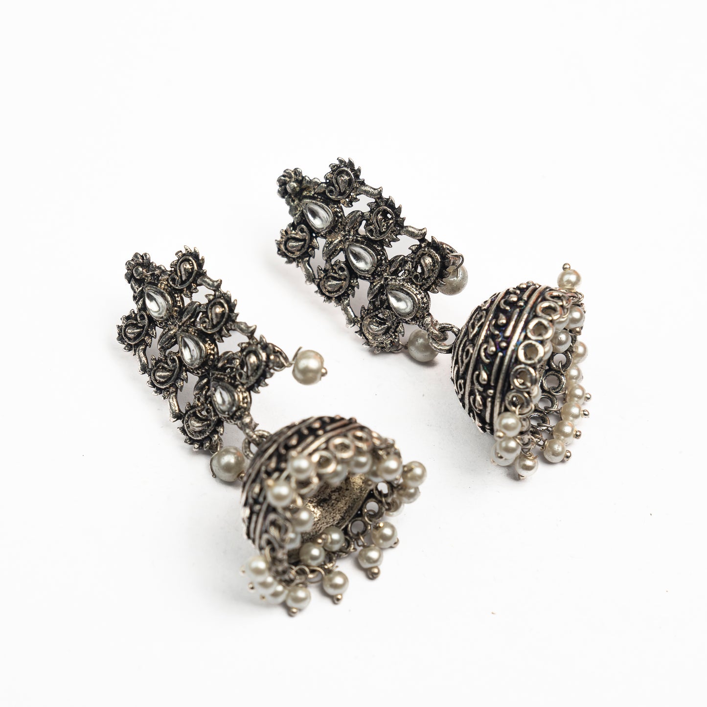 White Stone Studded Statement German Silver Danglers With Brass Jhumki