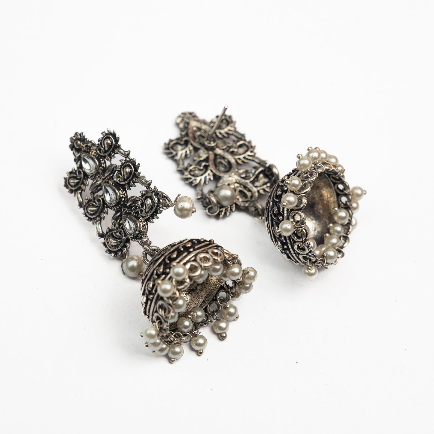 White Stone Studded Statement German Silver Danglers With Brass Jhumki