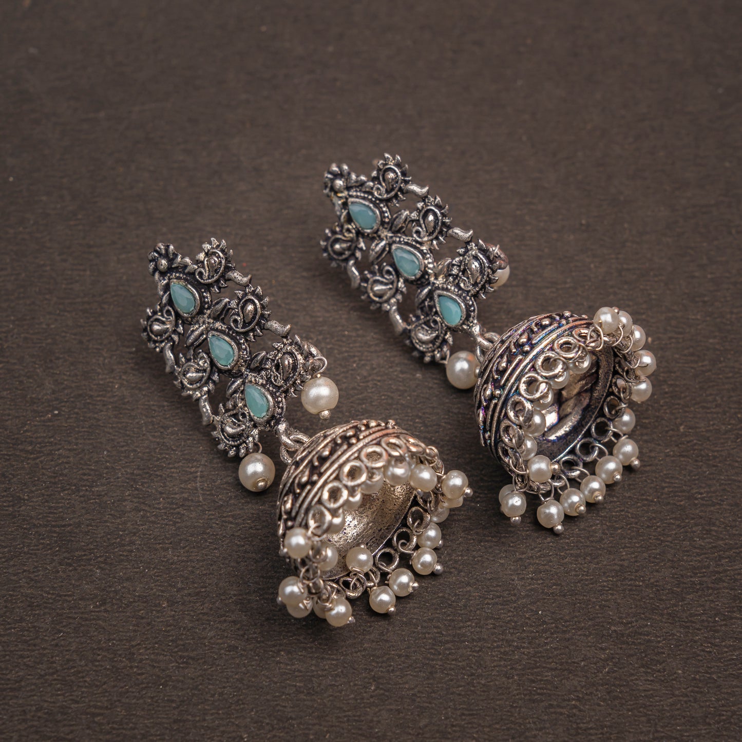Mint Stone Studded Statement German Silver Danglers With Brass Jhumki