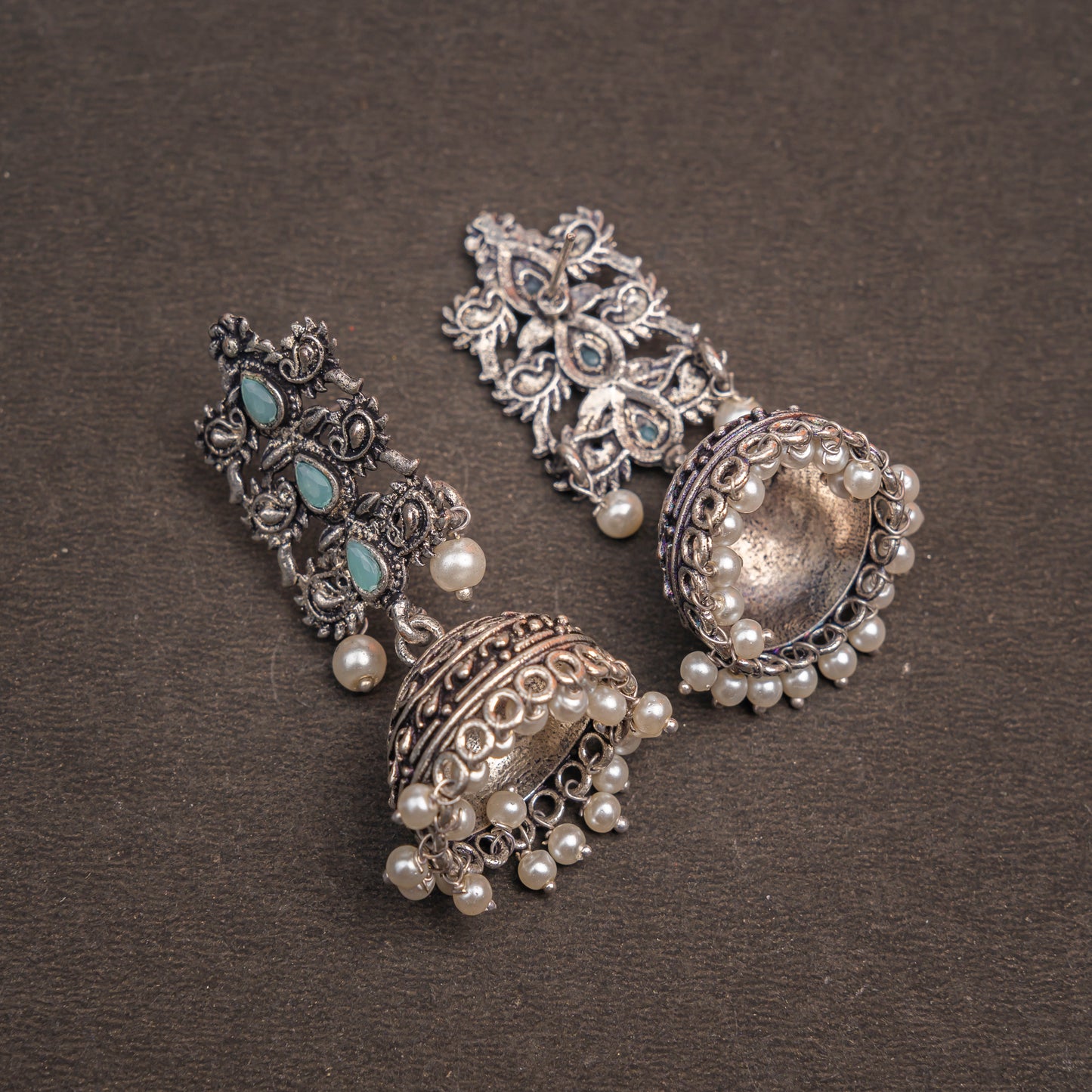 Mint Stone Studded Statement German Silver Danglers With Brass Jhumki