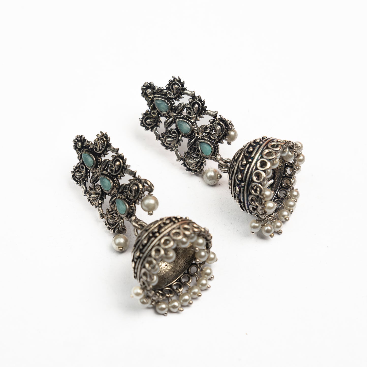 Mint Stone Studded Statement German Silver Danglers With Brass Jhumki