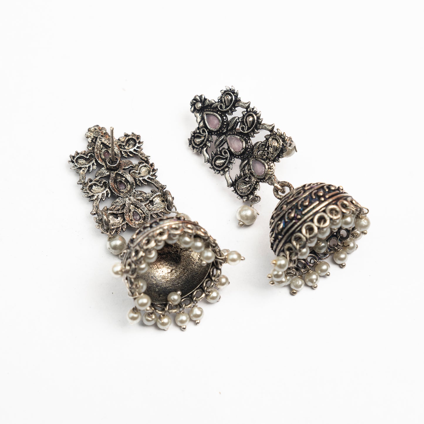Baby Pink Stone Studded Statement German Silver Danglers With Brass Jhumki