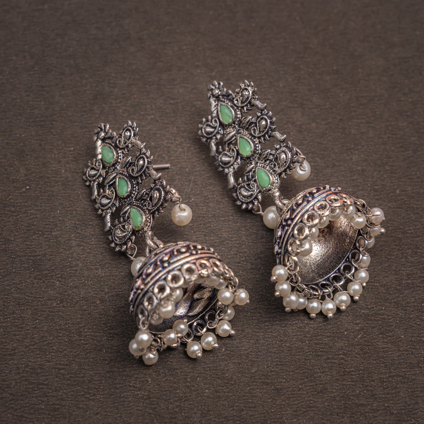 Sitara stone studded jhumki earrings (Pista)