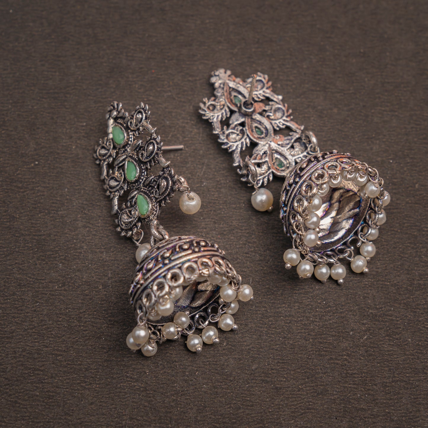 Sitara stone studded jhumki earrings (Pista)