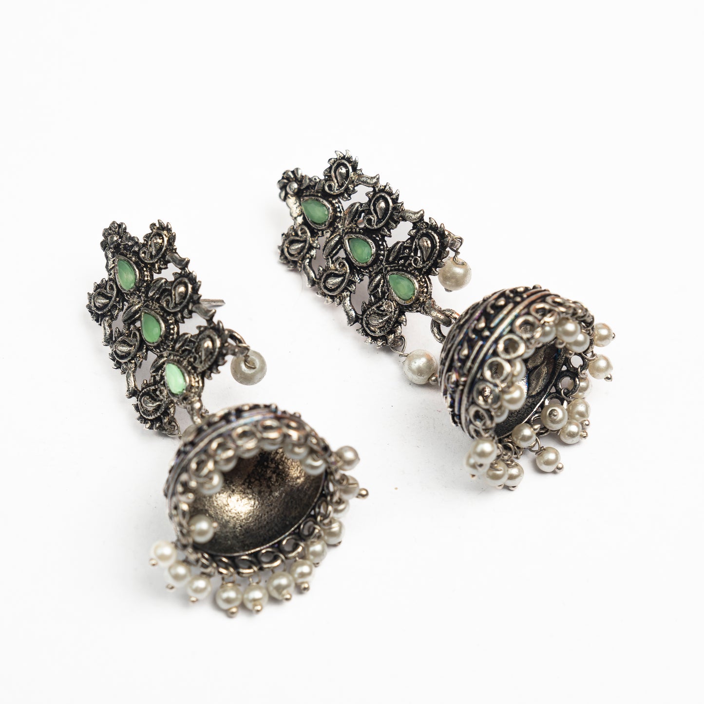 Sitara stone studded jhumki earrings (Pista)