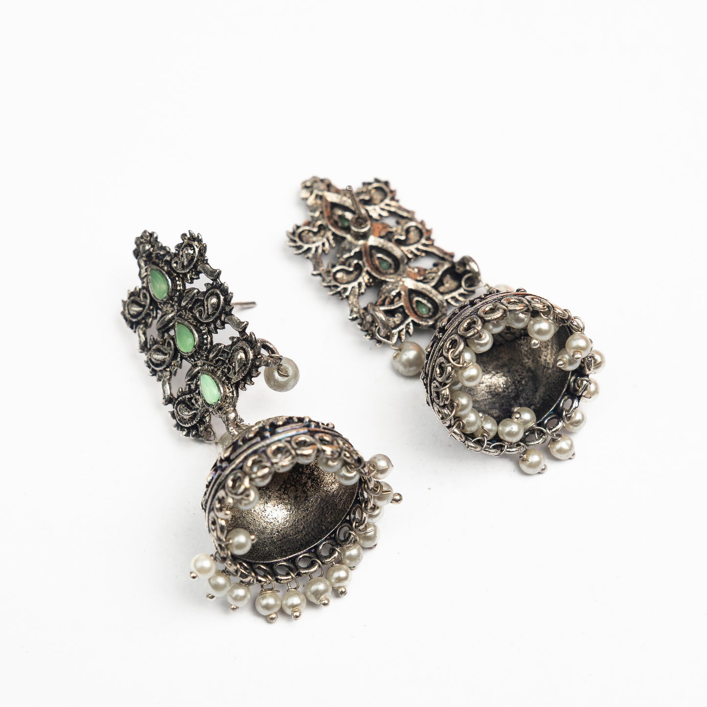 Sitara stone studded jhumki earrings (Pista)