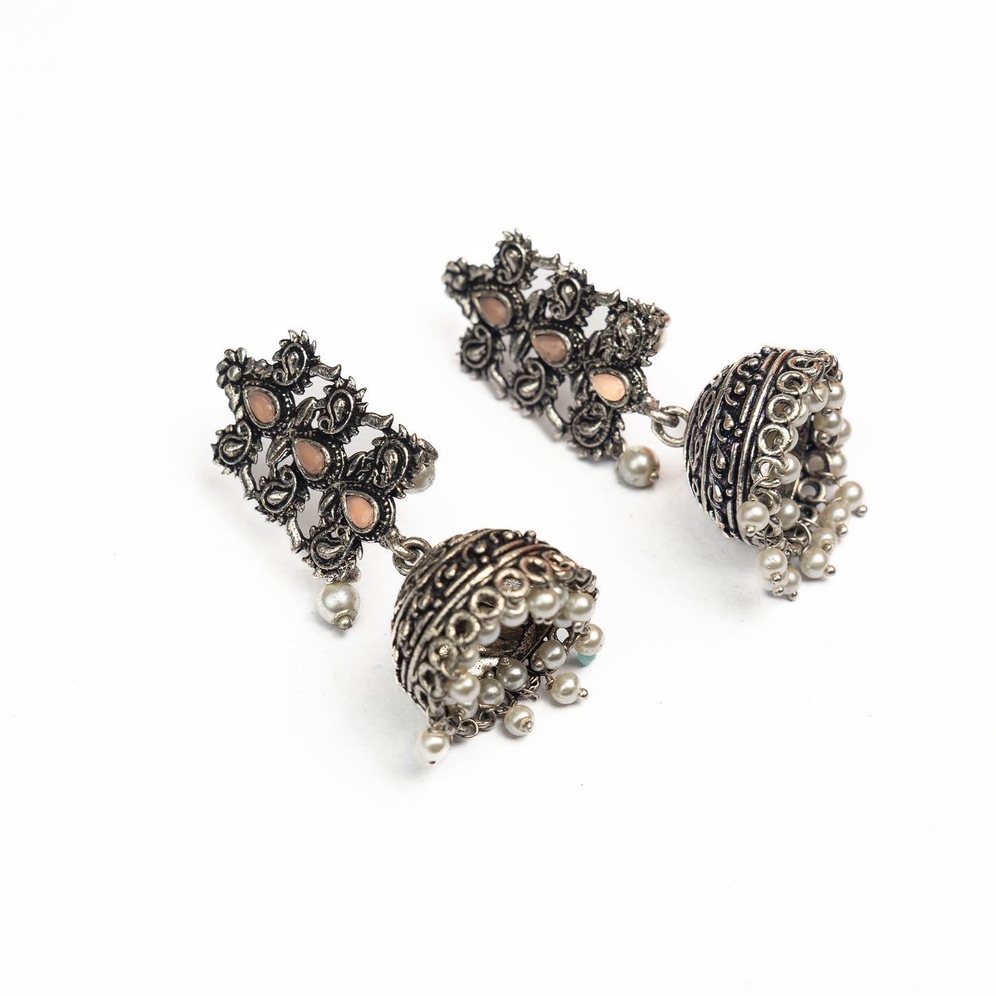 Light Orangish Stone Studded Statement German Silver Danglers With Brass Jhumki