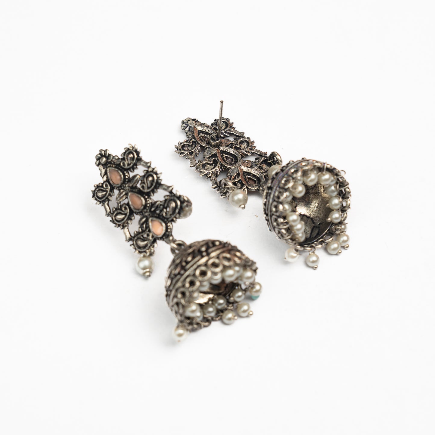 Light Orangish Stone Studded Statement German Silver Danglers With Brass Jhumki