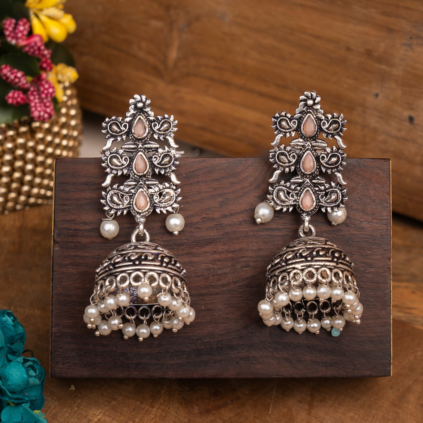 Light Orangish Stone Studded Statement German Silver Danglers With Brass Jhumki