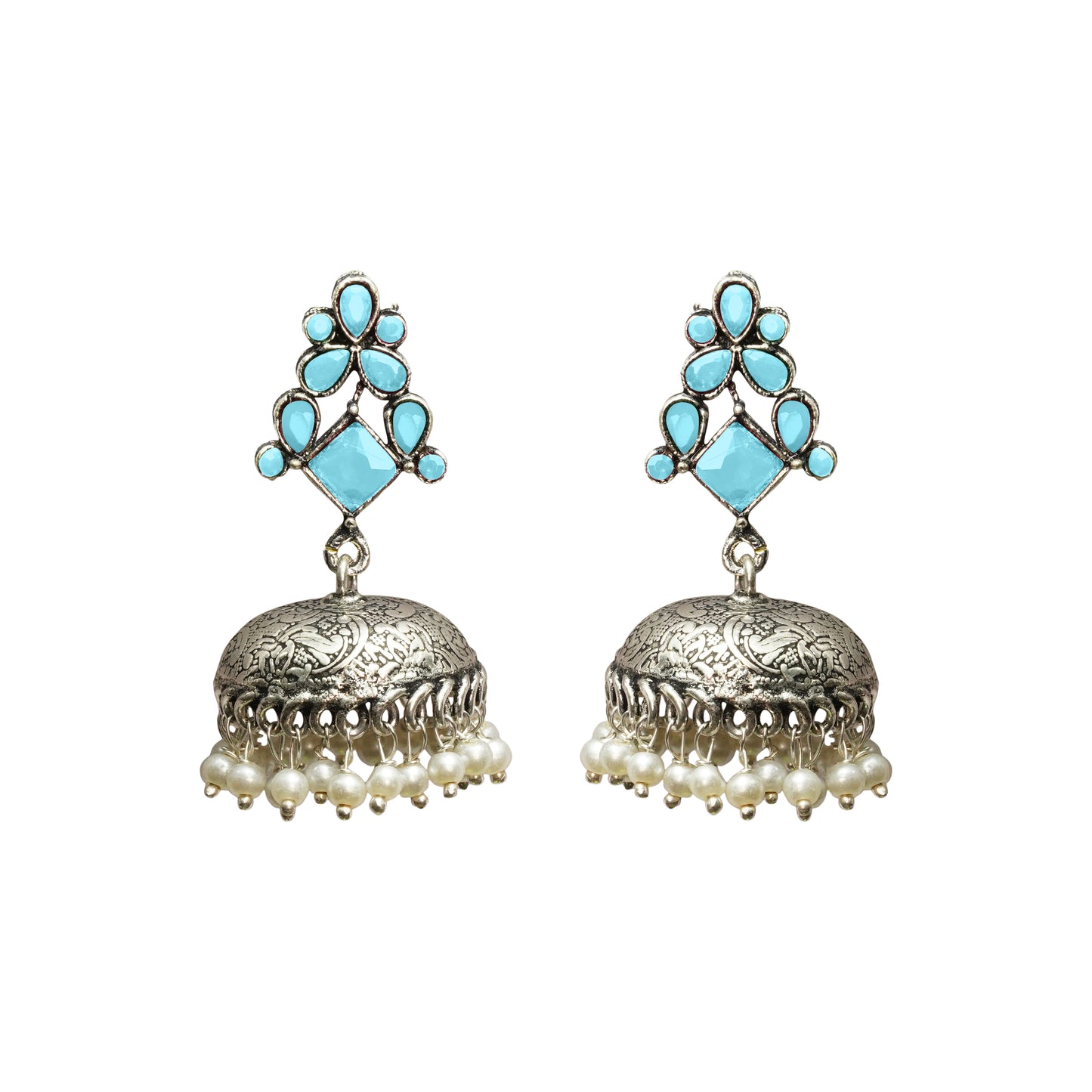 Sky Blue Stone Studded German Silver Dangler Earrings With Brass Jhumki