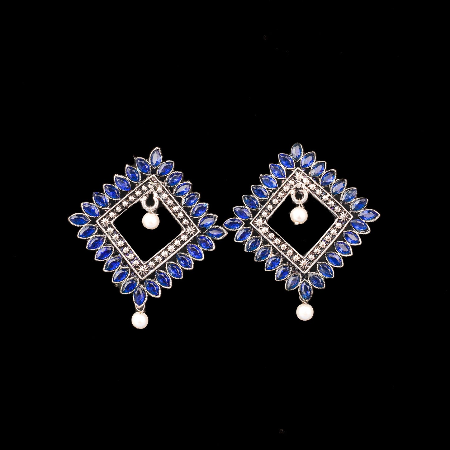 Blue Stone Studded Square German Silver Earrings