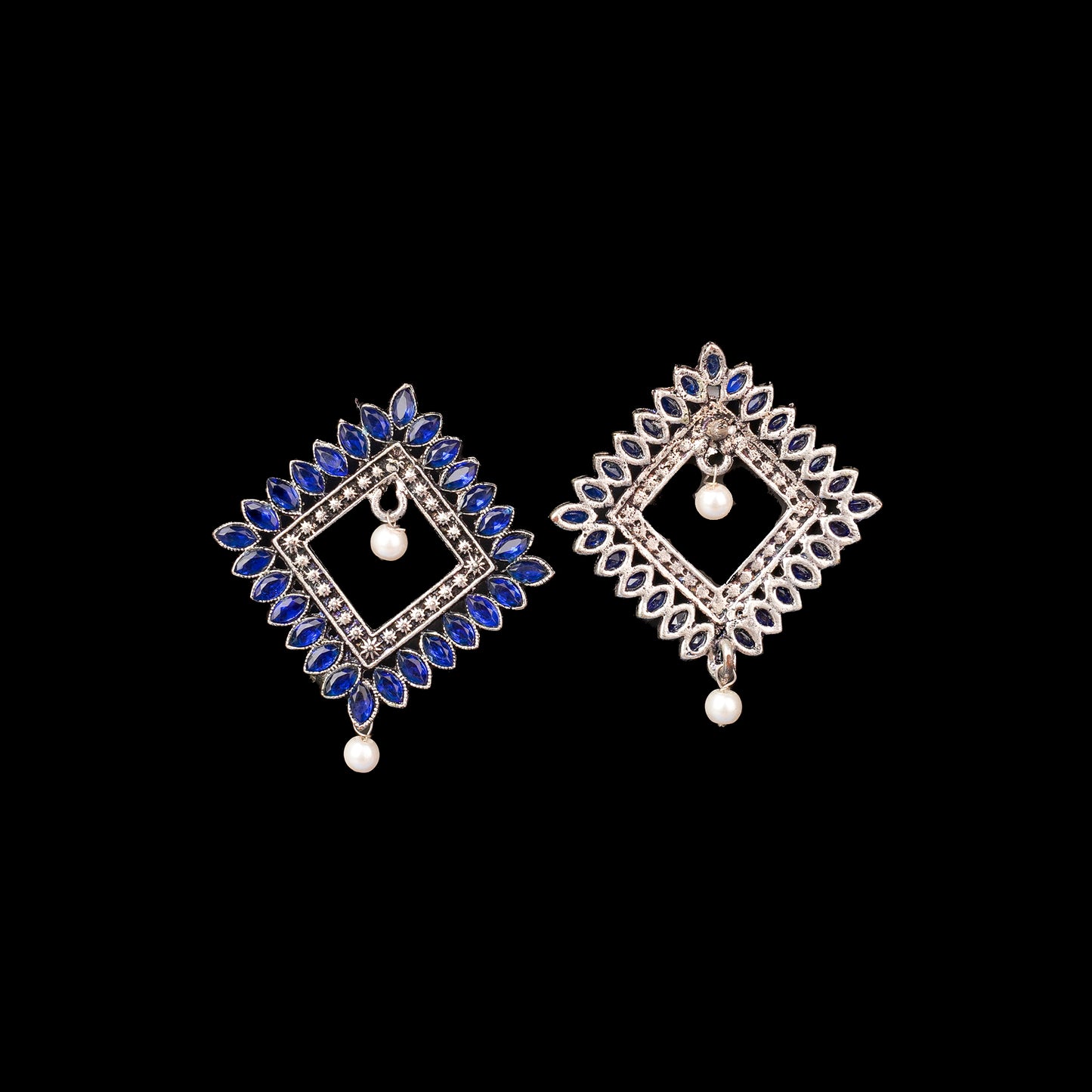 Blue Stone Studded Square German Silver Earrings