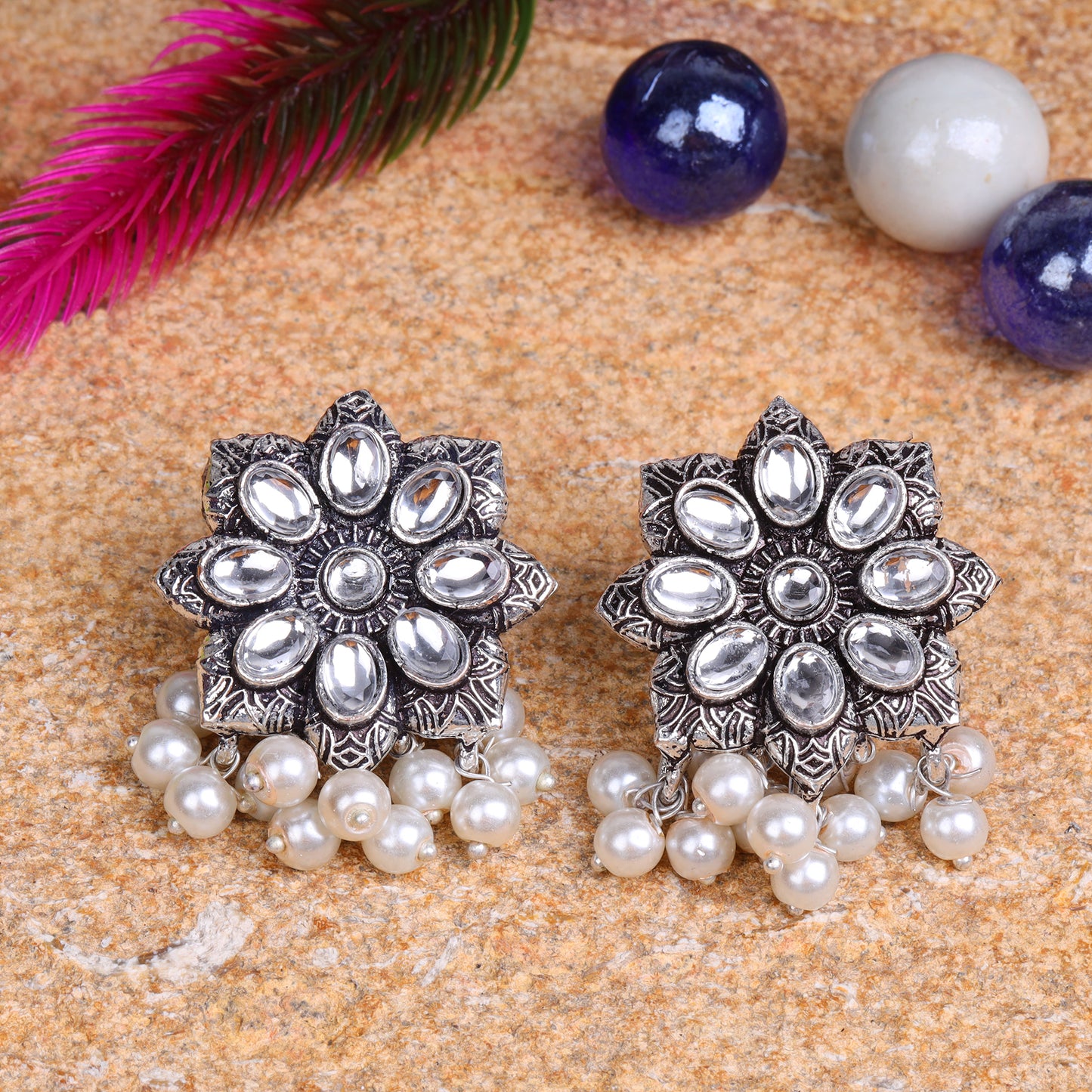 White Stone Studded Oxidised Earrings With Hanging Pearls