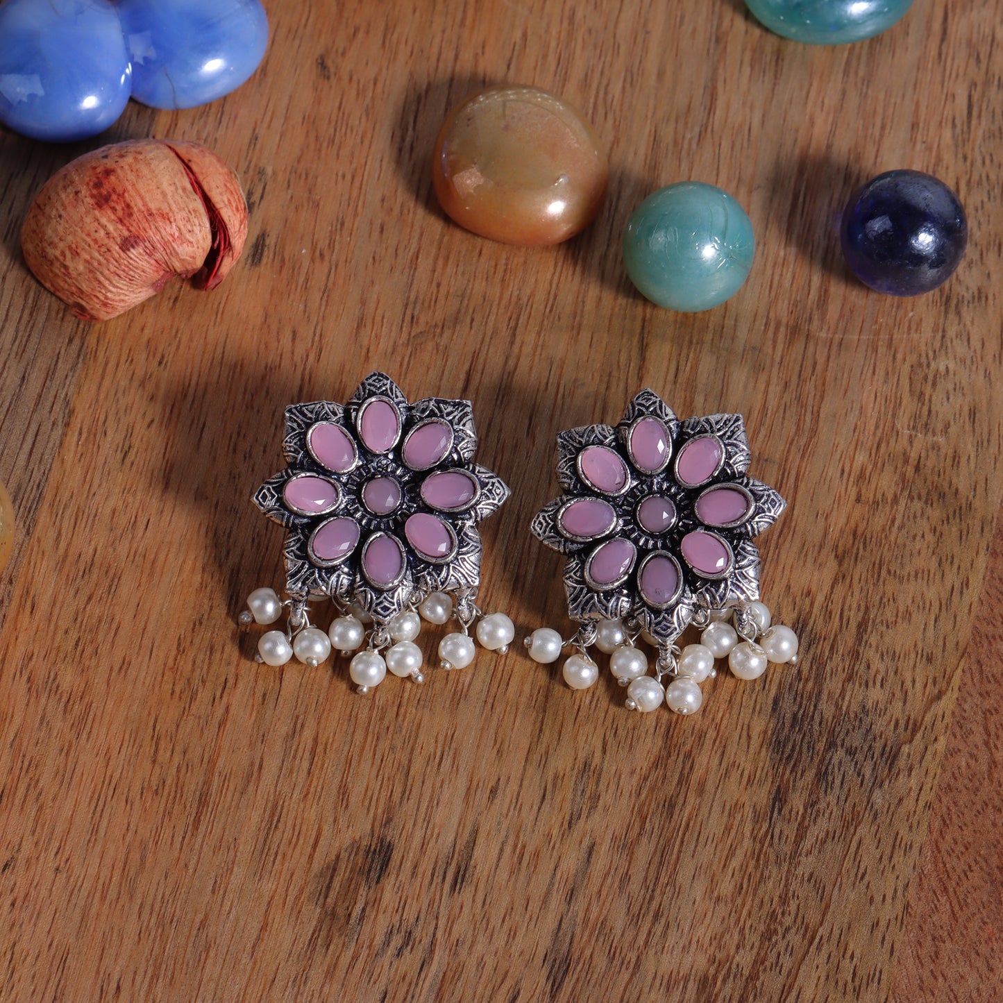 Baby Pink Stone Stone Studded Oxidised Earrings With Hanging Pearls