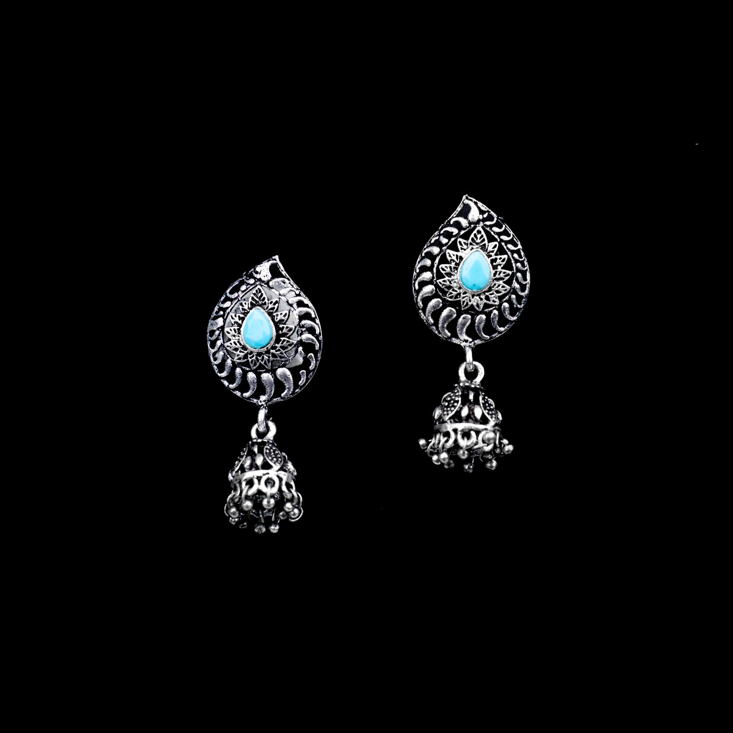 Sky Blue Stone Studded Oxidized Earrings With Hanging Jhumki