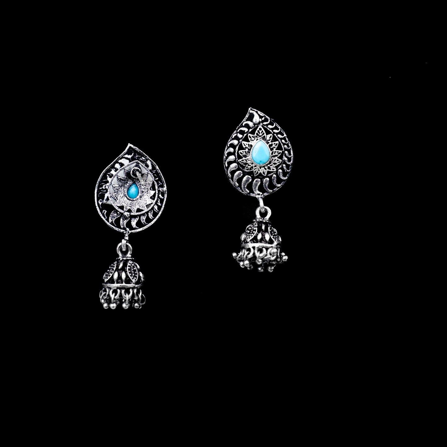 Sky Blue Stone Studded Oxidized Earrings With Hanging Jhumki