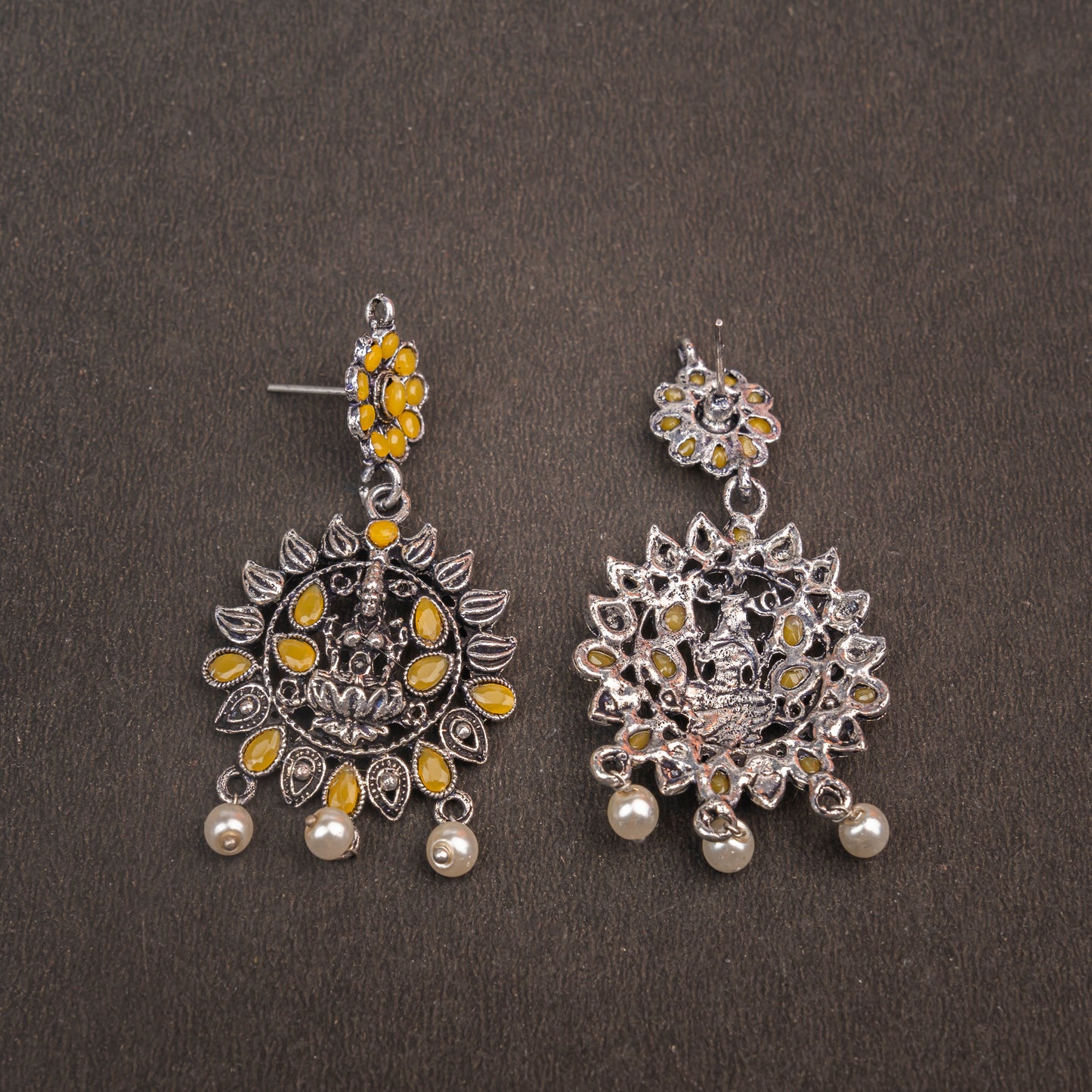 Yellow Stone Studded Laxmi Motif Oxidised Earrings With Hanging Pearls