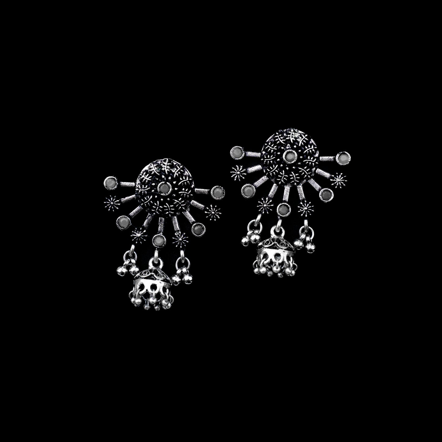 Grey Stone Studded Semicircular Oxidized Earrings With Hanging Jhumki
