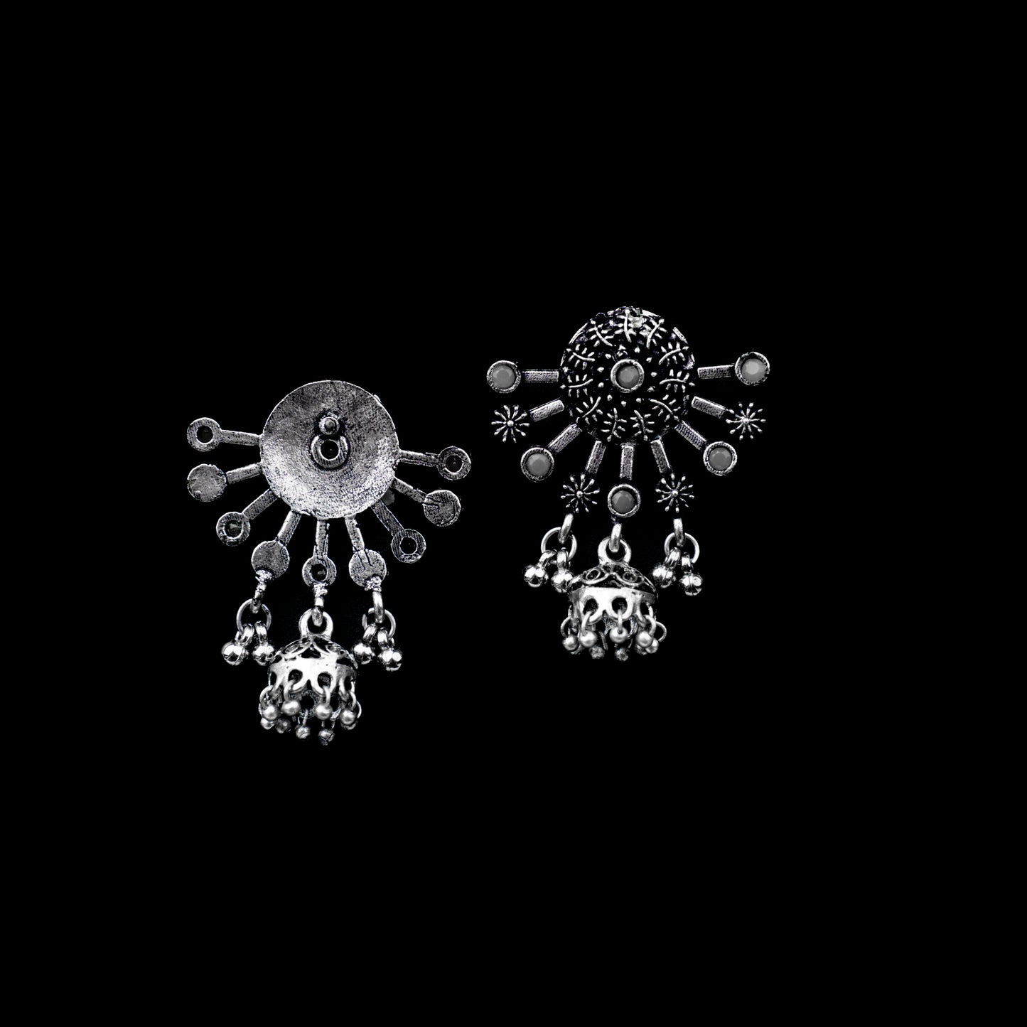 Grey Stone Studded Semicircular Oxidized Earrings With Hanging Jhumki