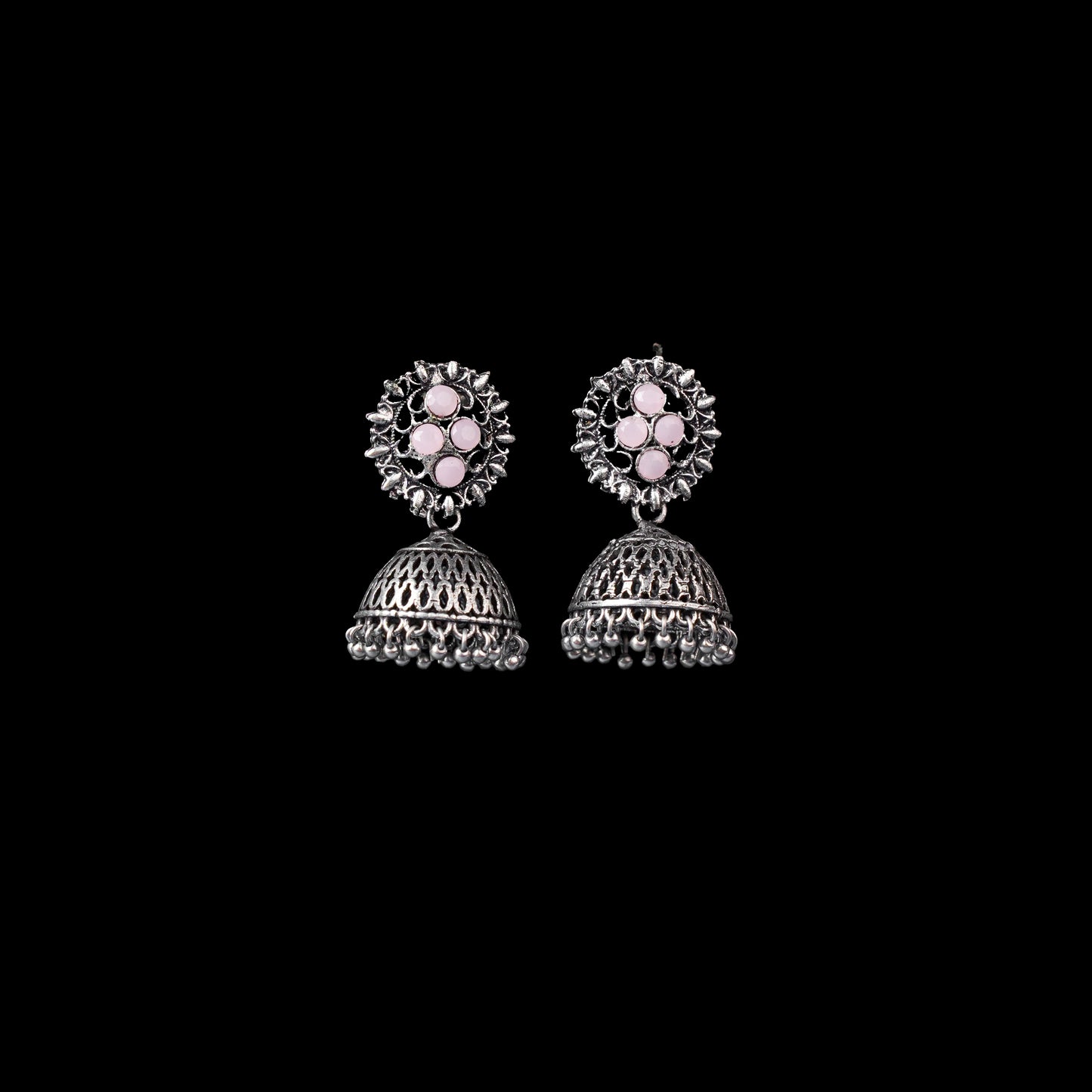 Baby Pink Stone Studded Oxidised Earrings With Hanging Jhumki