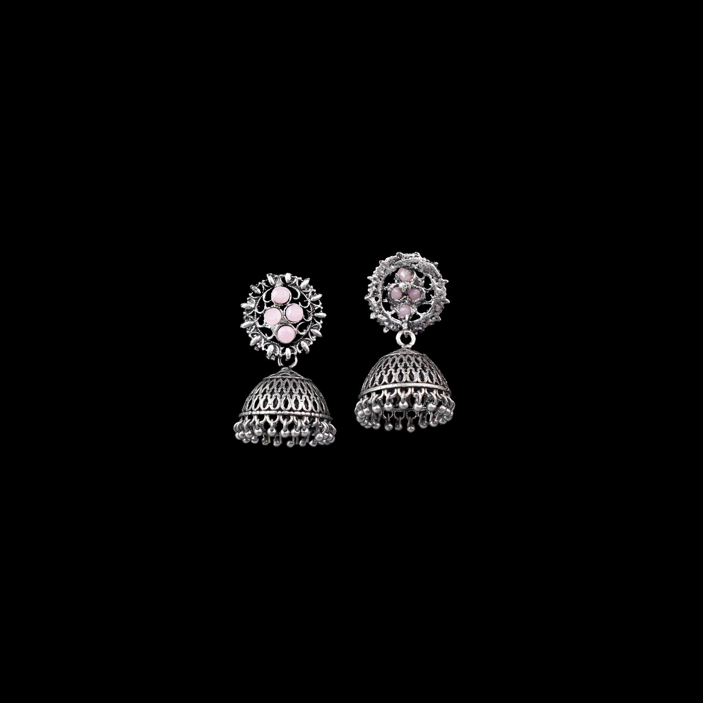 Baby Pink Stone Studded Oxidised Earrings With Hanging Jhumki