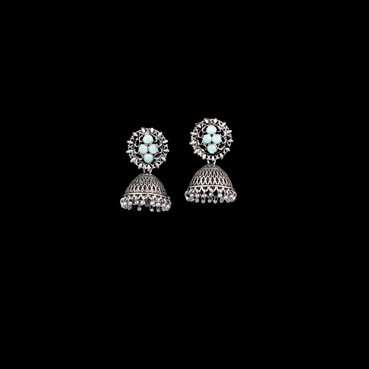 Mint Stone Studded Oxidised Earrings With Hanging Jhumki