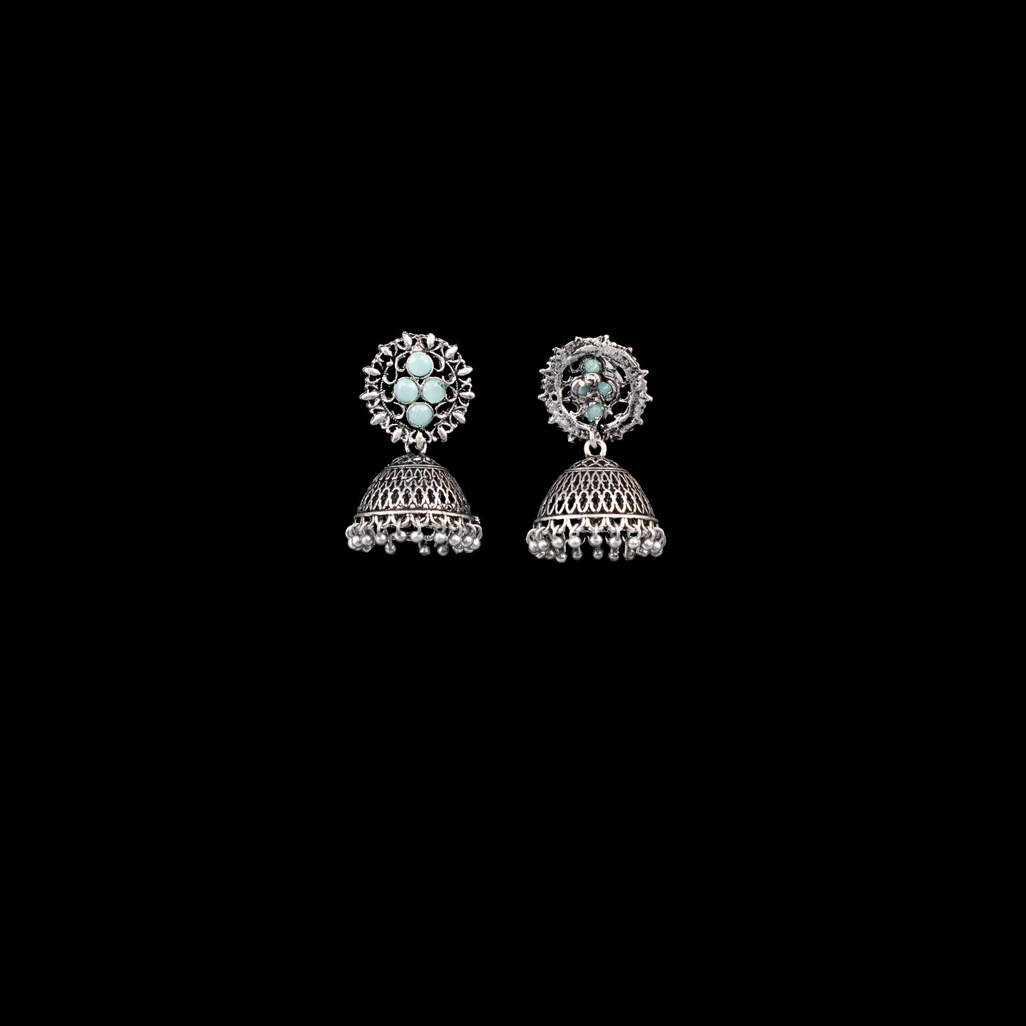 Mint Stone Studded Oxidised Earrings With Hanging Jhumki