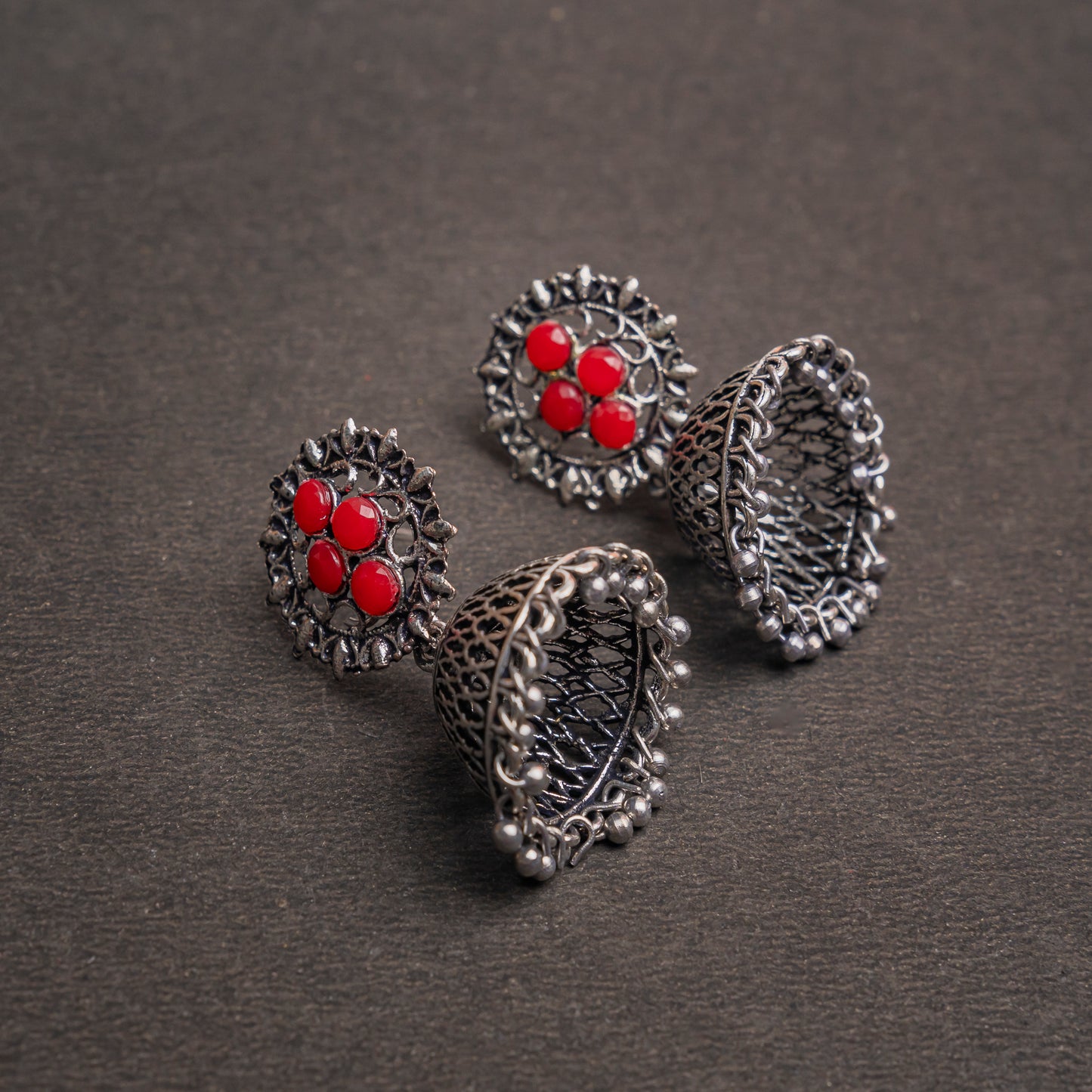 Dark Red Stone Studded Oxidised Earrings With Hanging Jhumki