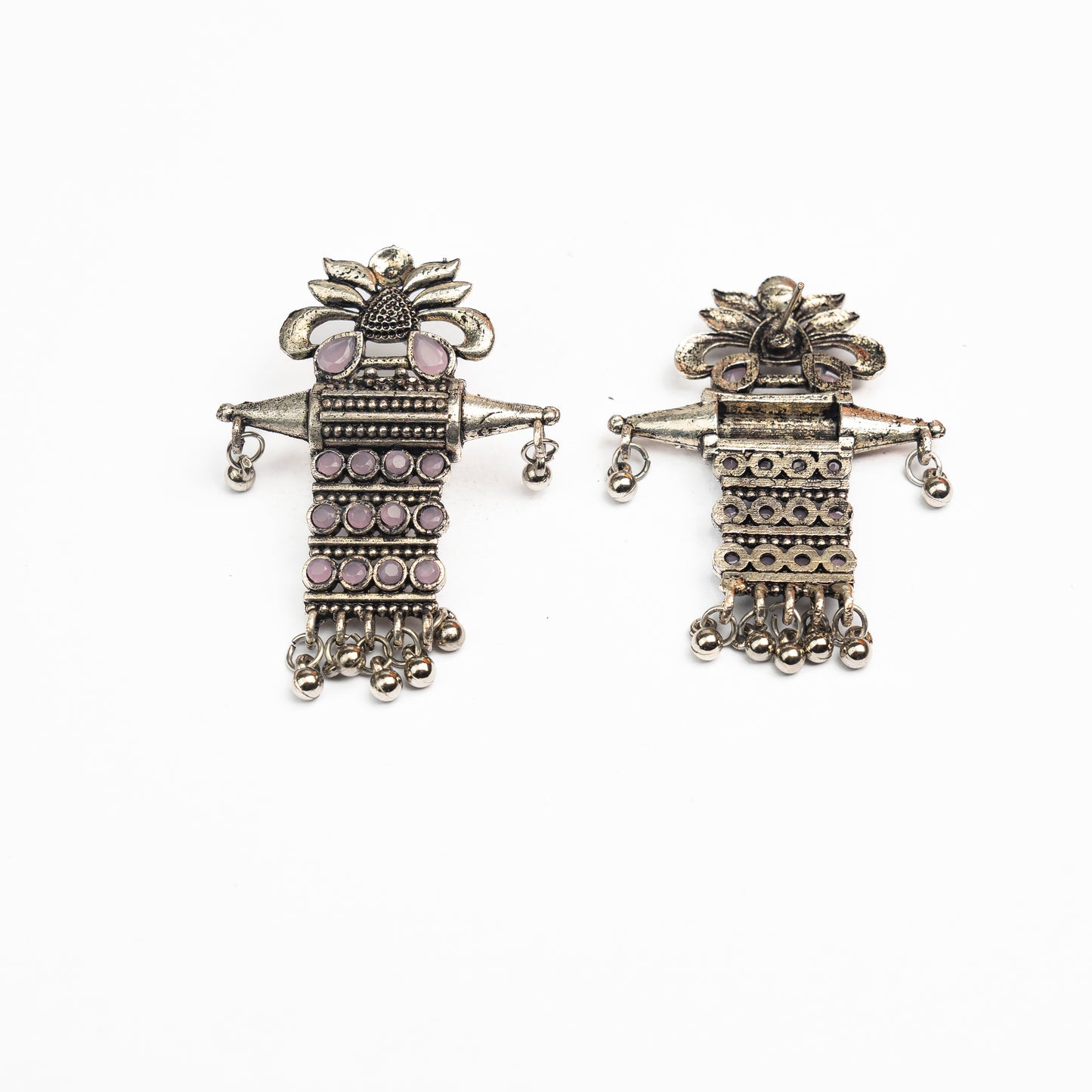 Baby Pink Stone Studded Oxidised Earrings With Hanging Ghunghuroo