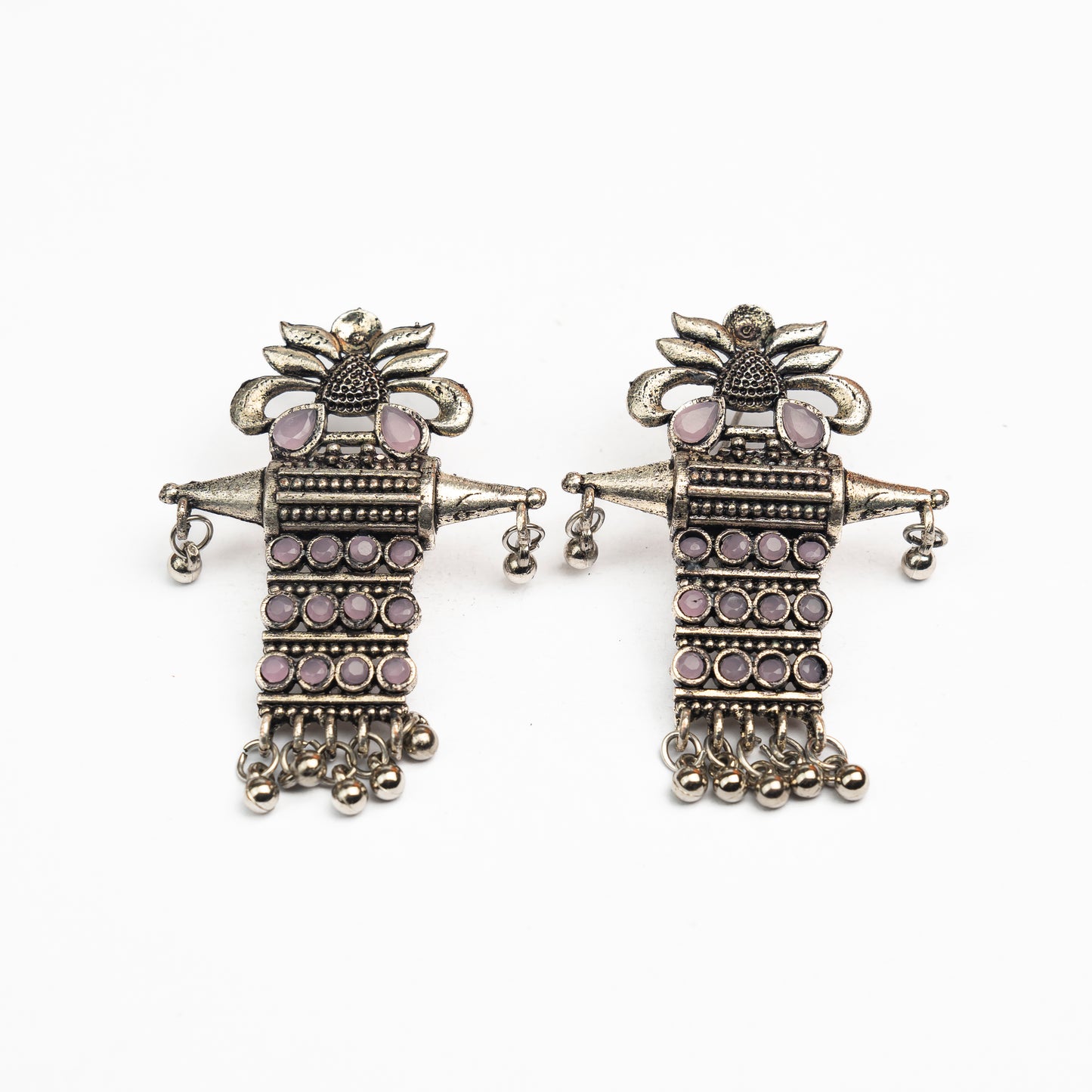 Baby Pink Stone Studded Oxidised Earrings With Hanging Ghunghuroo