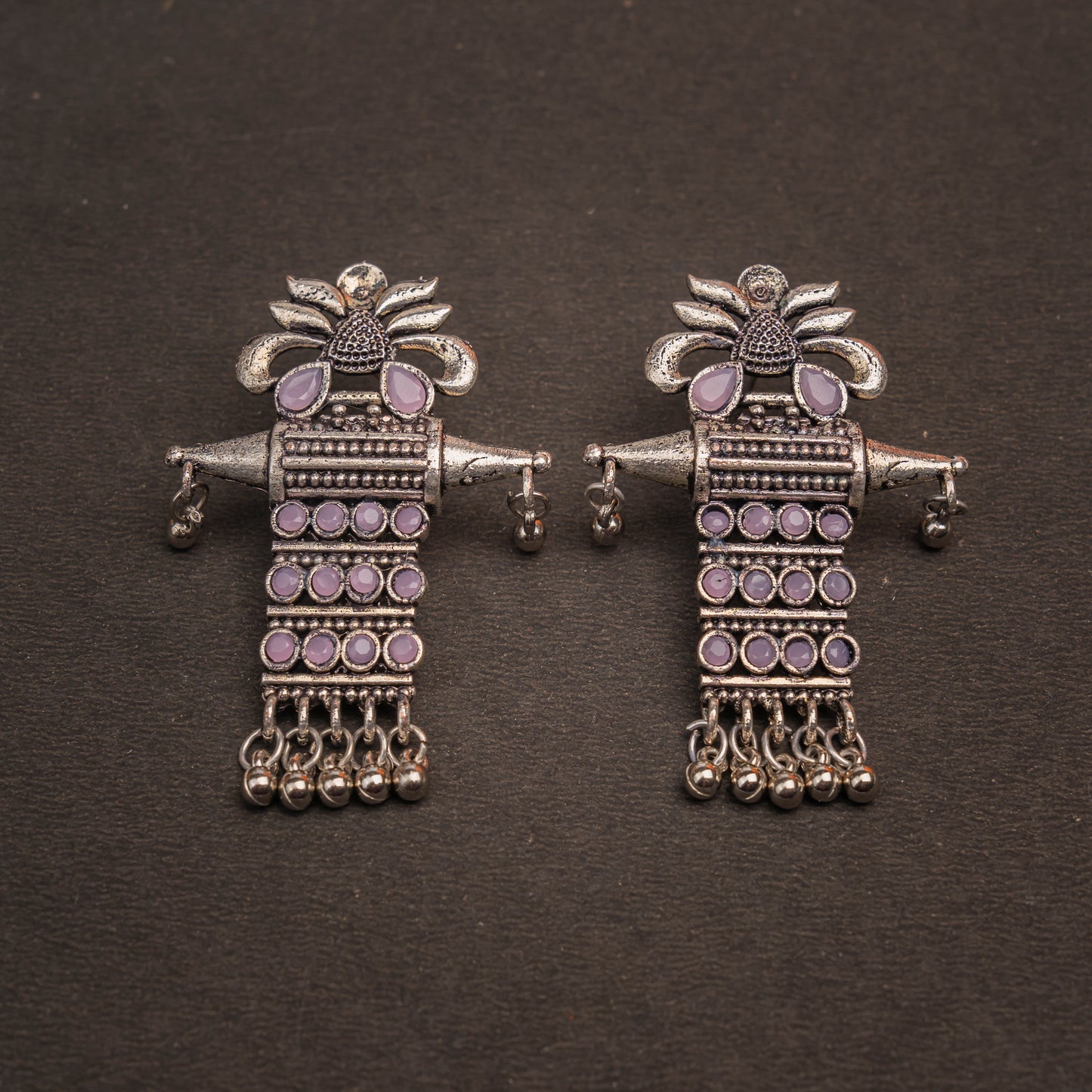 Baby Pink Stone Studded Oxidised Earrings With Hanging Ghunghuroo