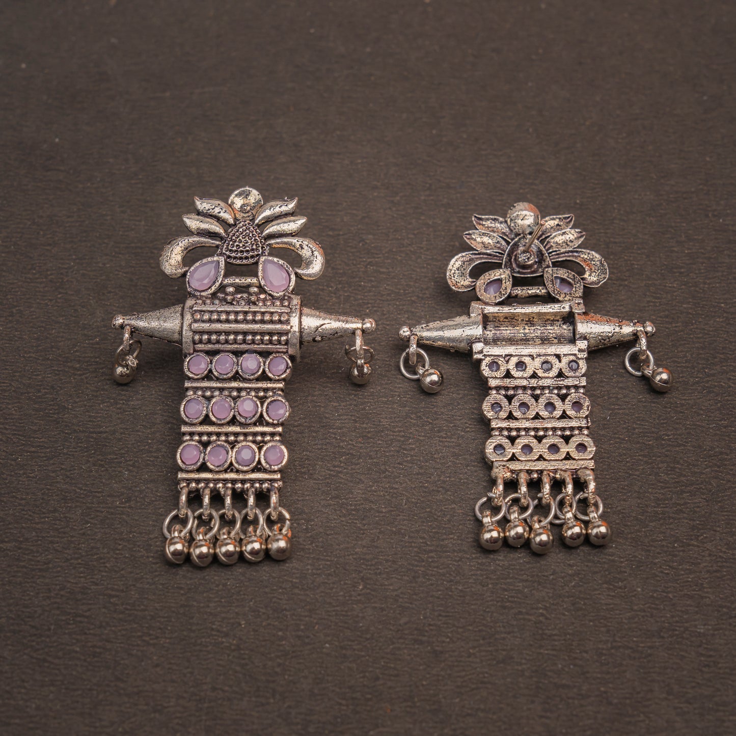 Baby Pink Stone Studded Oxidised Earrings With Hanging Ghunghuroo