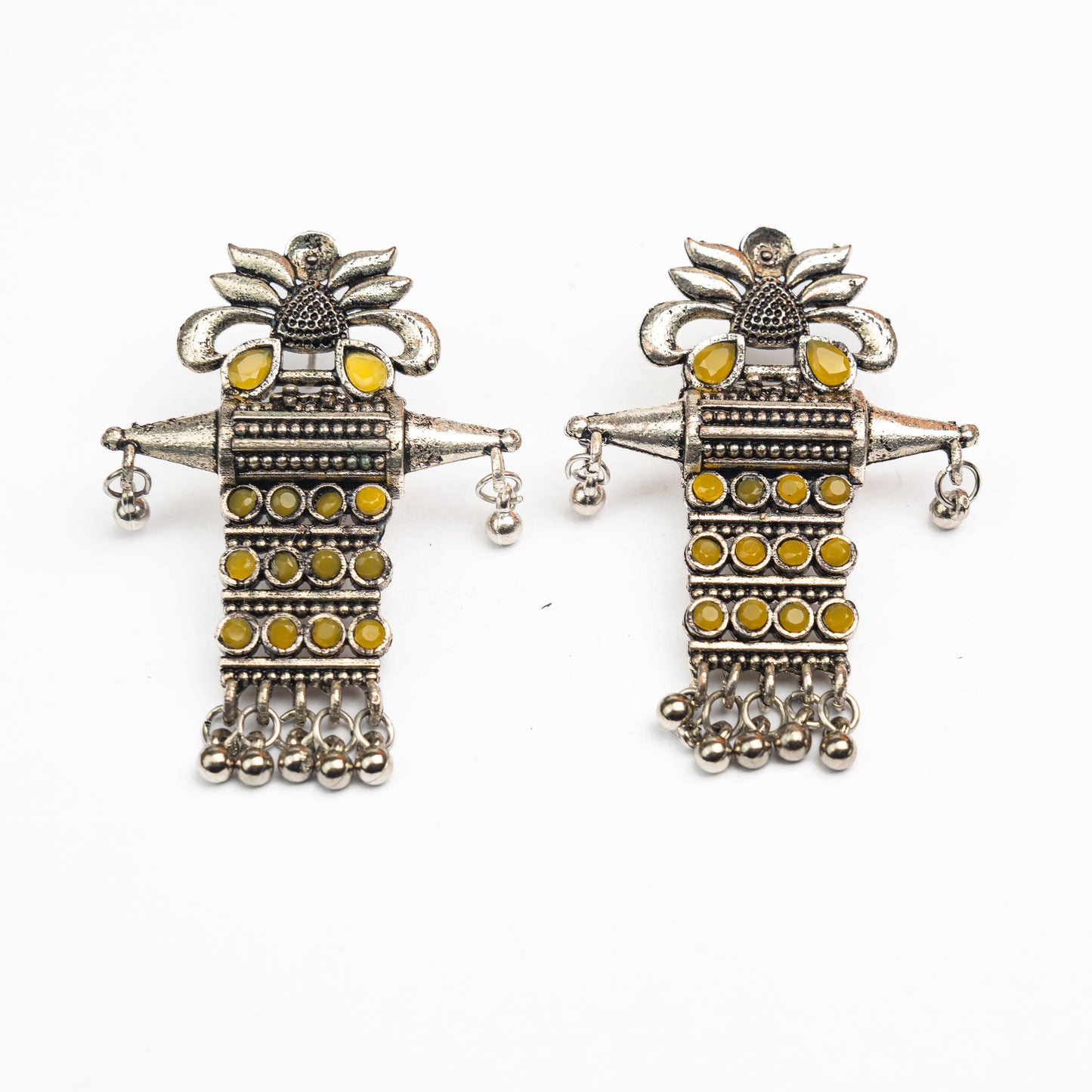 Yellow Stone Studded Oxidised Earrings With Hanging Ghunghuroo