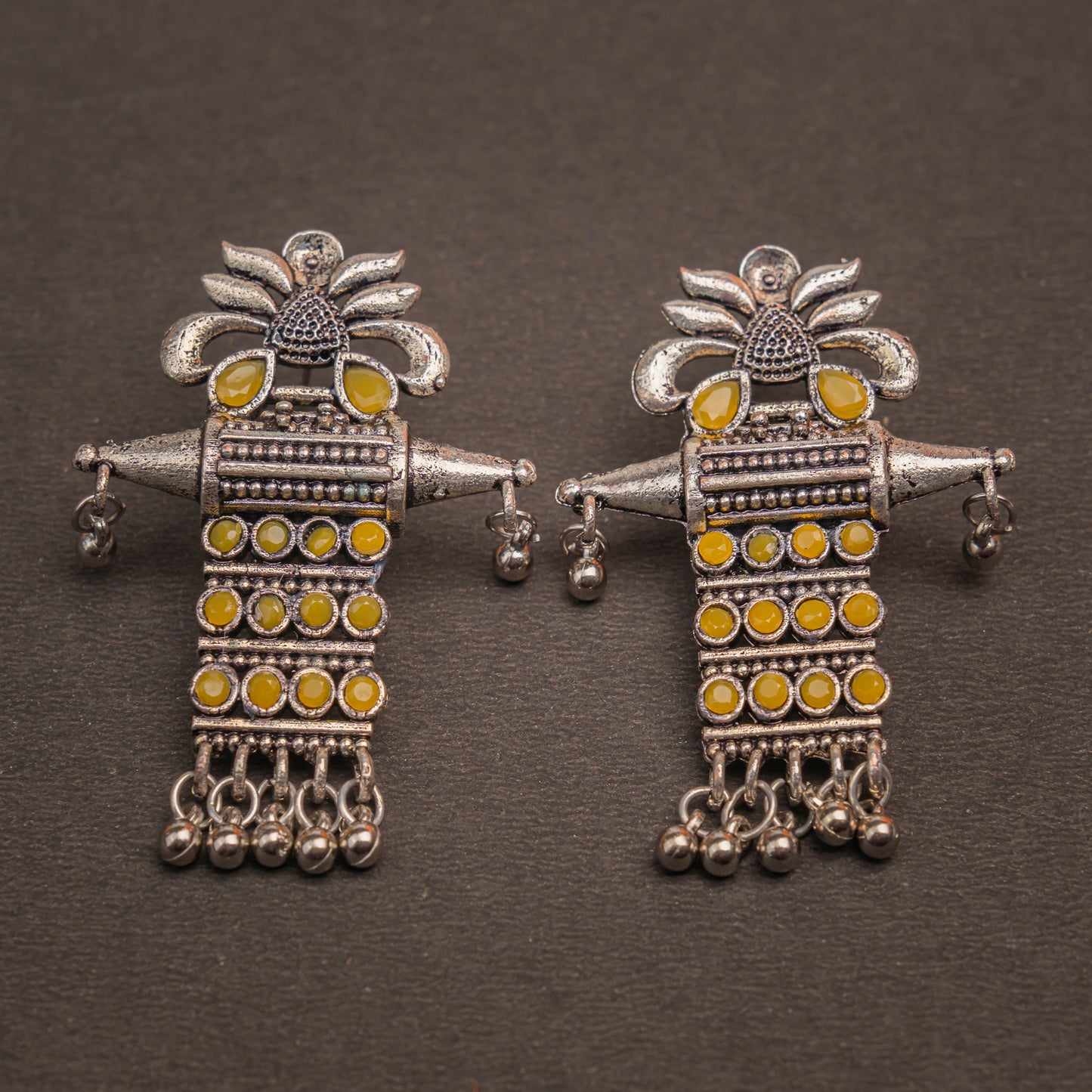 Yellow Stone Studded Oxidised Earrings With Hanging Ghunghuroo