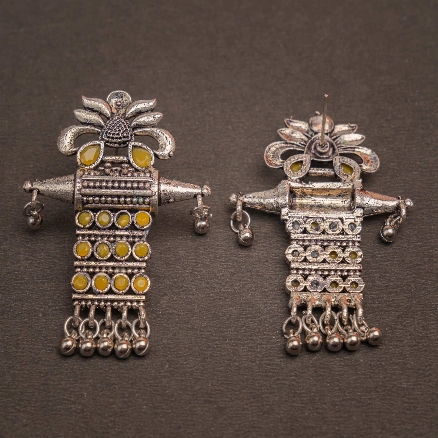 Yellow Stone Studded Oxidised Earrings With Hanging Ghunghuroo